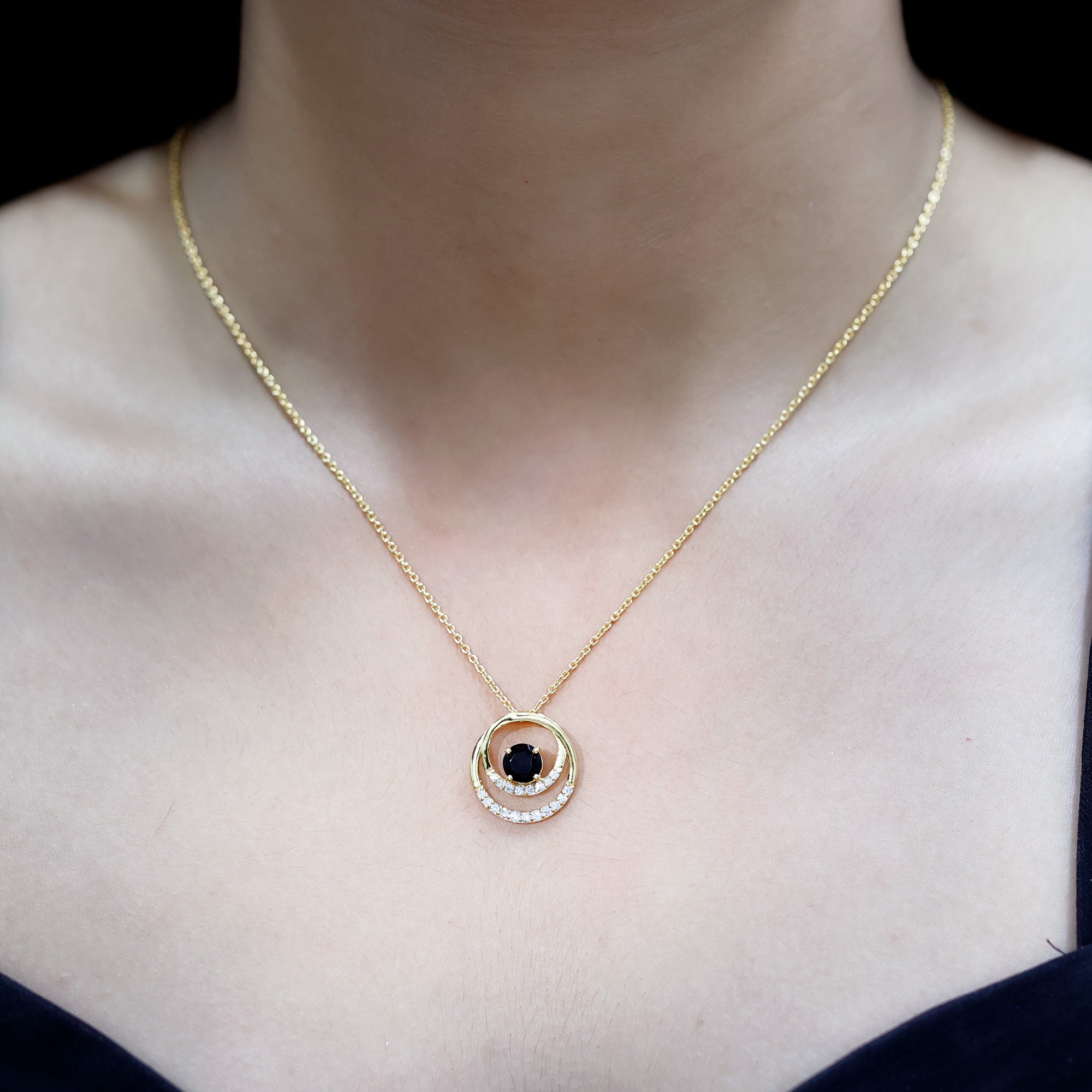 Lab Created Black and White Diamond Circle Necklace With Silver Chain AAAA ( Synthetic ) 14K Yellow Gold Plated Silver - Rosec Jewels