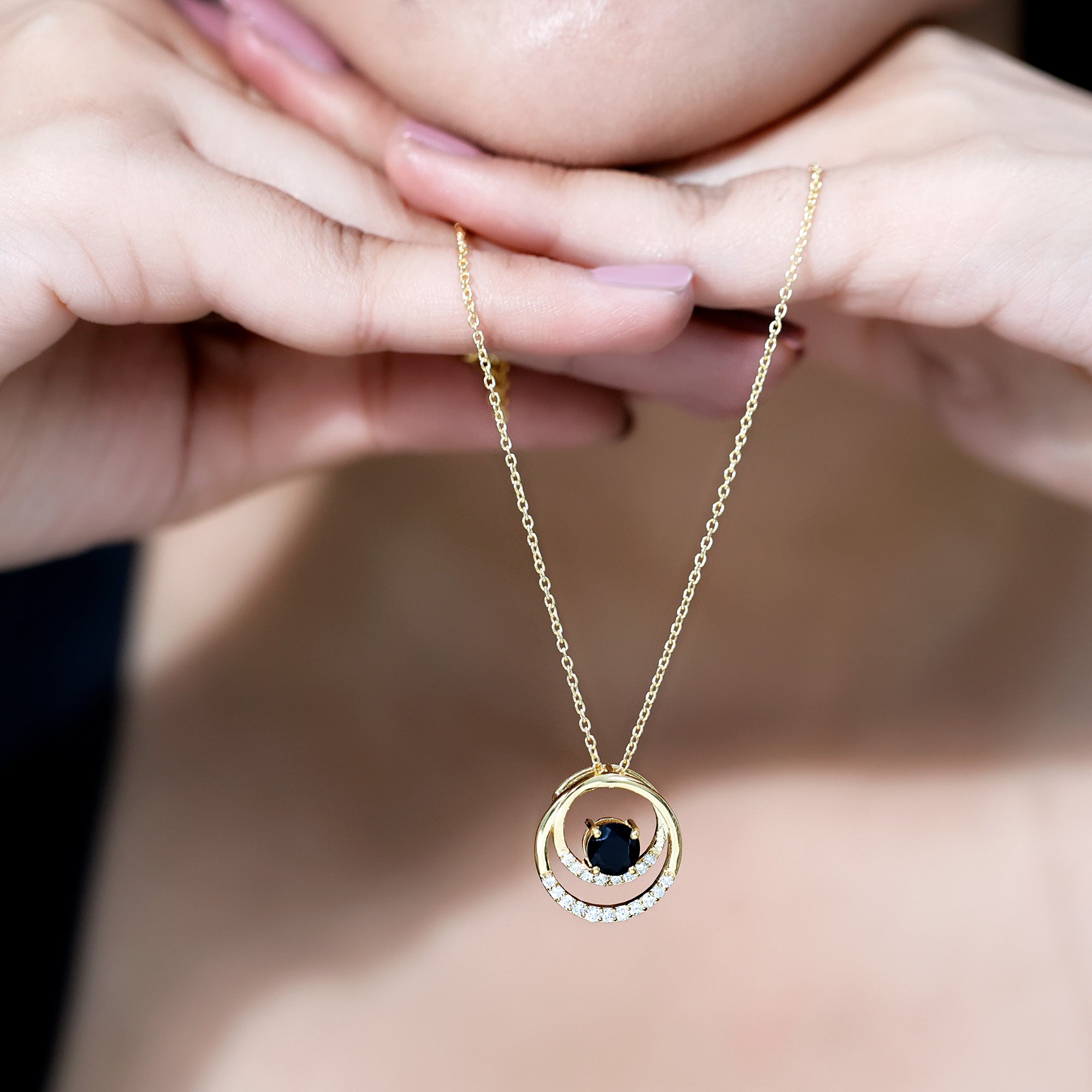 Lab Created Black and White Diamond Circle Necklace With Silver Chain AAAA ( Synthetic ) 14K Yellow Gold Plated Silver - Rosec Jewels