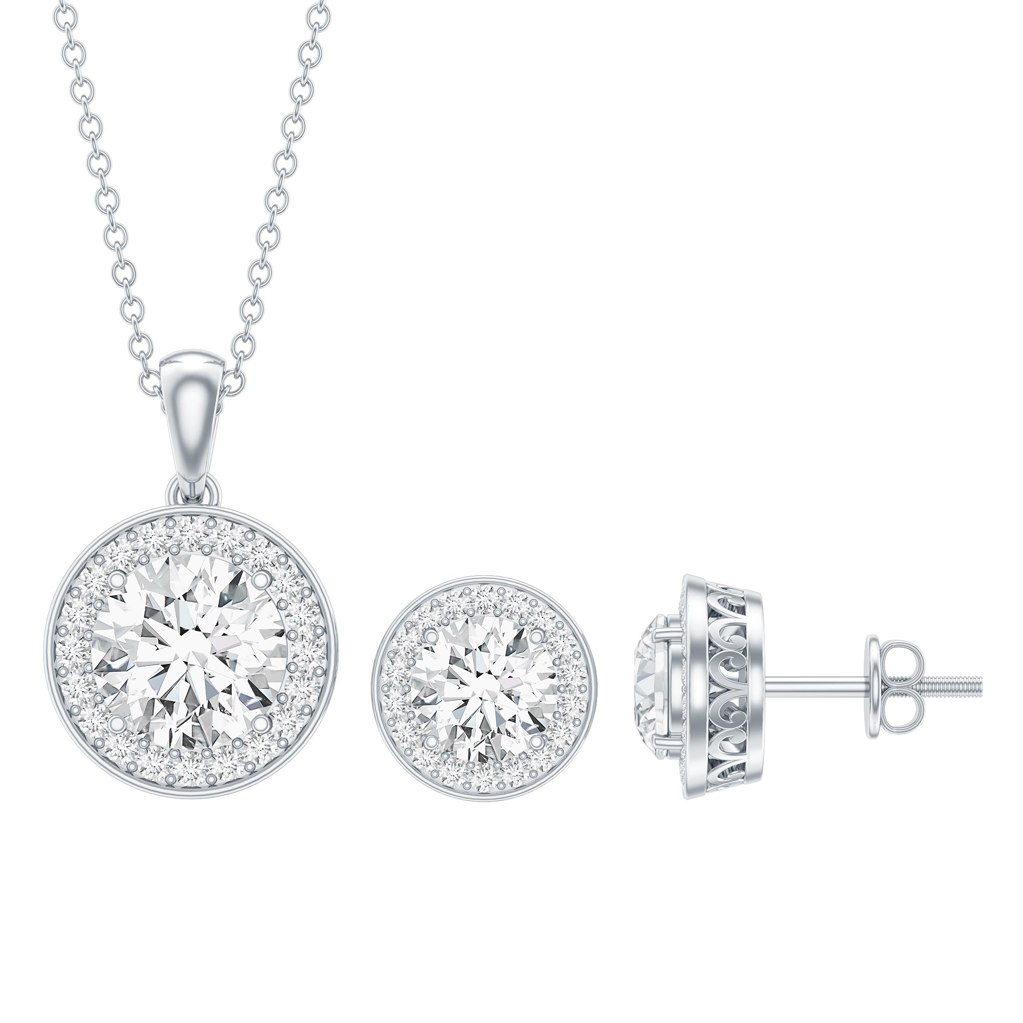 Certified 4 Carat Round Cubic Zirconia Halo Necklace and Earrings in Silver AAAAA 92.5 Sterling Silver - Rosec Jewels