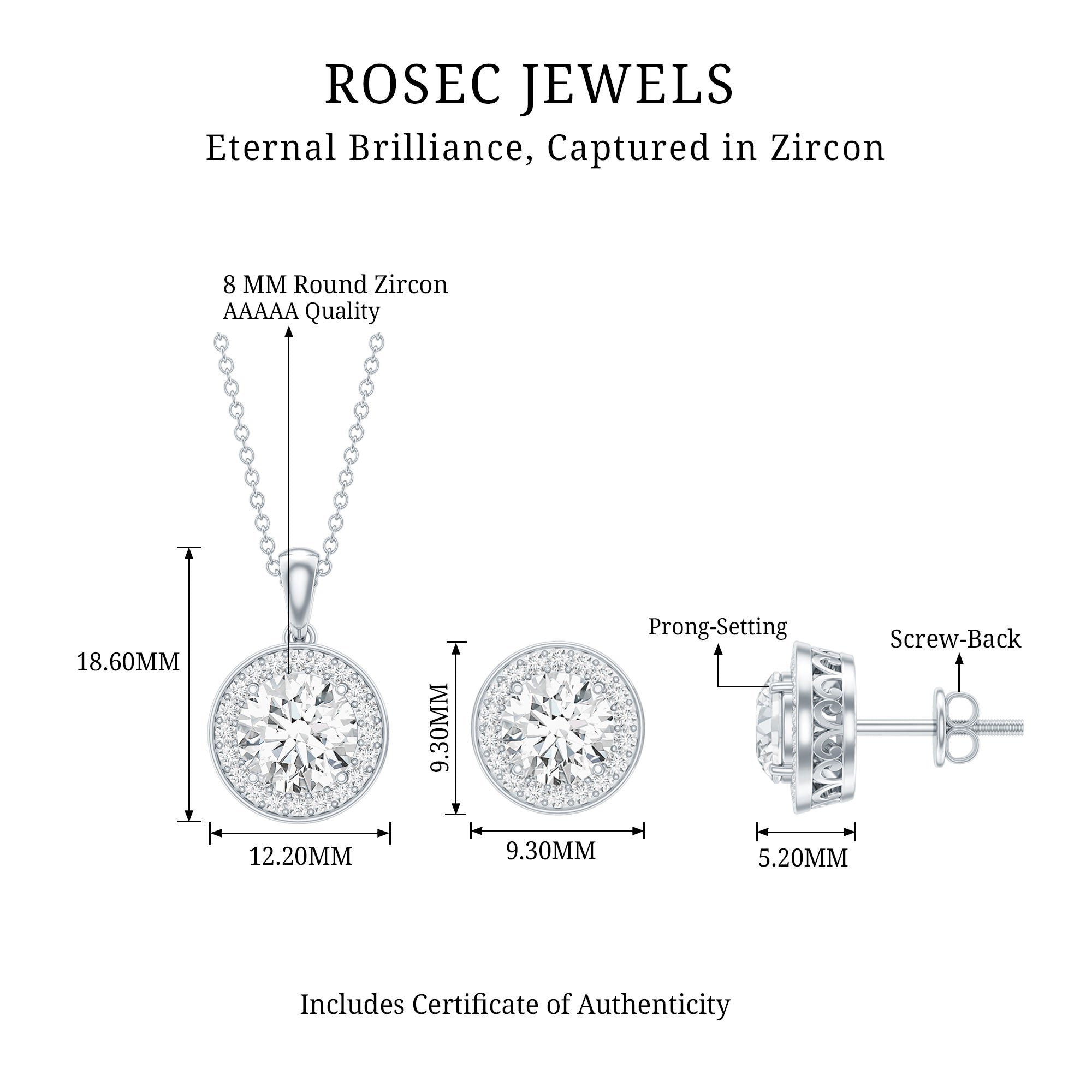 Certified 4 Carat Round Cubic Zirconia Halo Necklace and Earrings in Silver AAAAA 92.5 Sterling Silver - Rosec Jewels