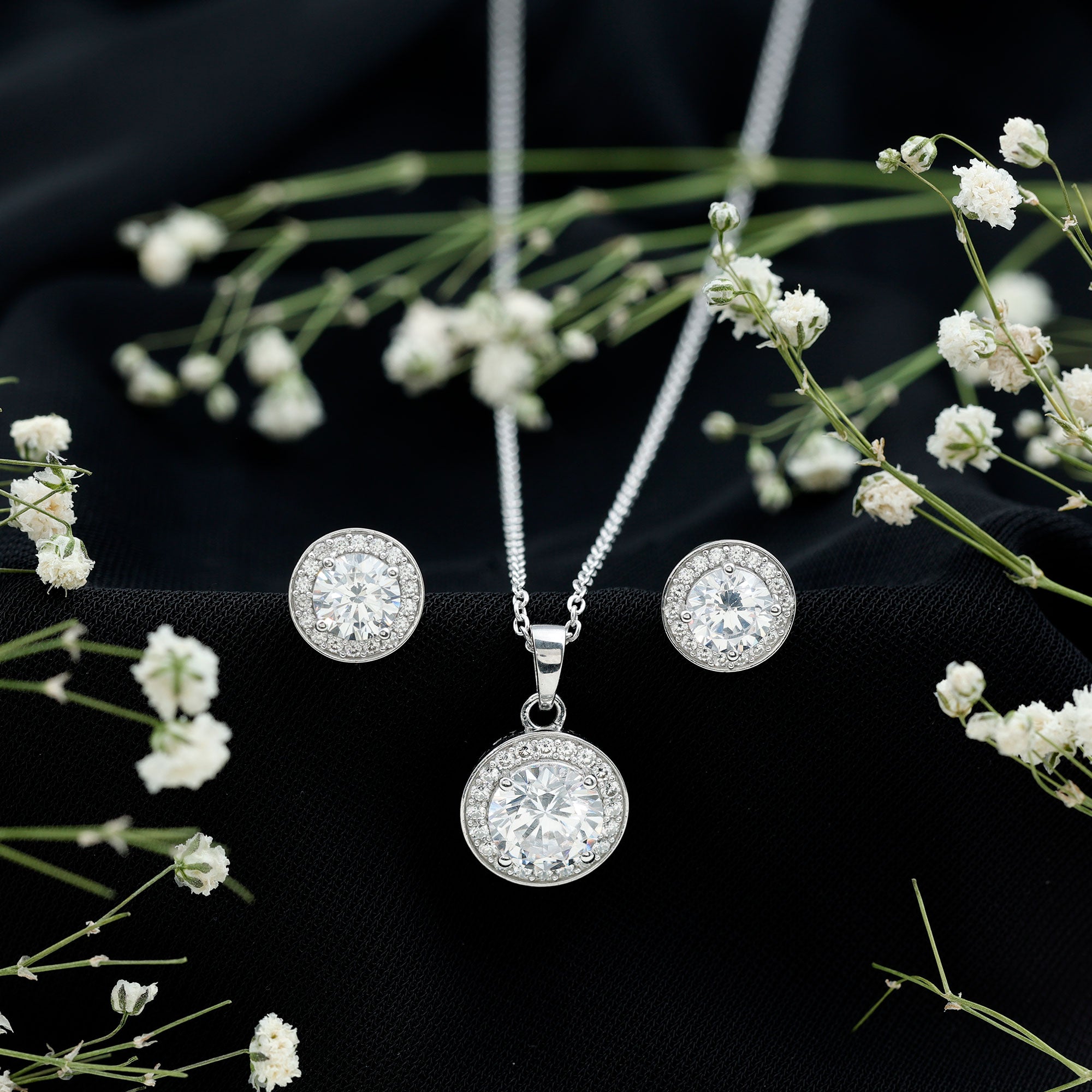 Certified 4 Carat Round Cubic Zirconia Halo Necklace and Earrings in Silver AAAAA 92.5 Sterling Silver - Rosec Jewels