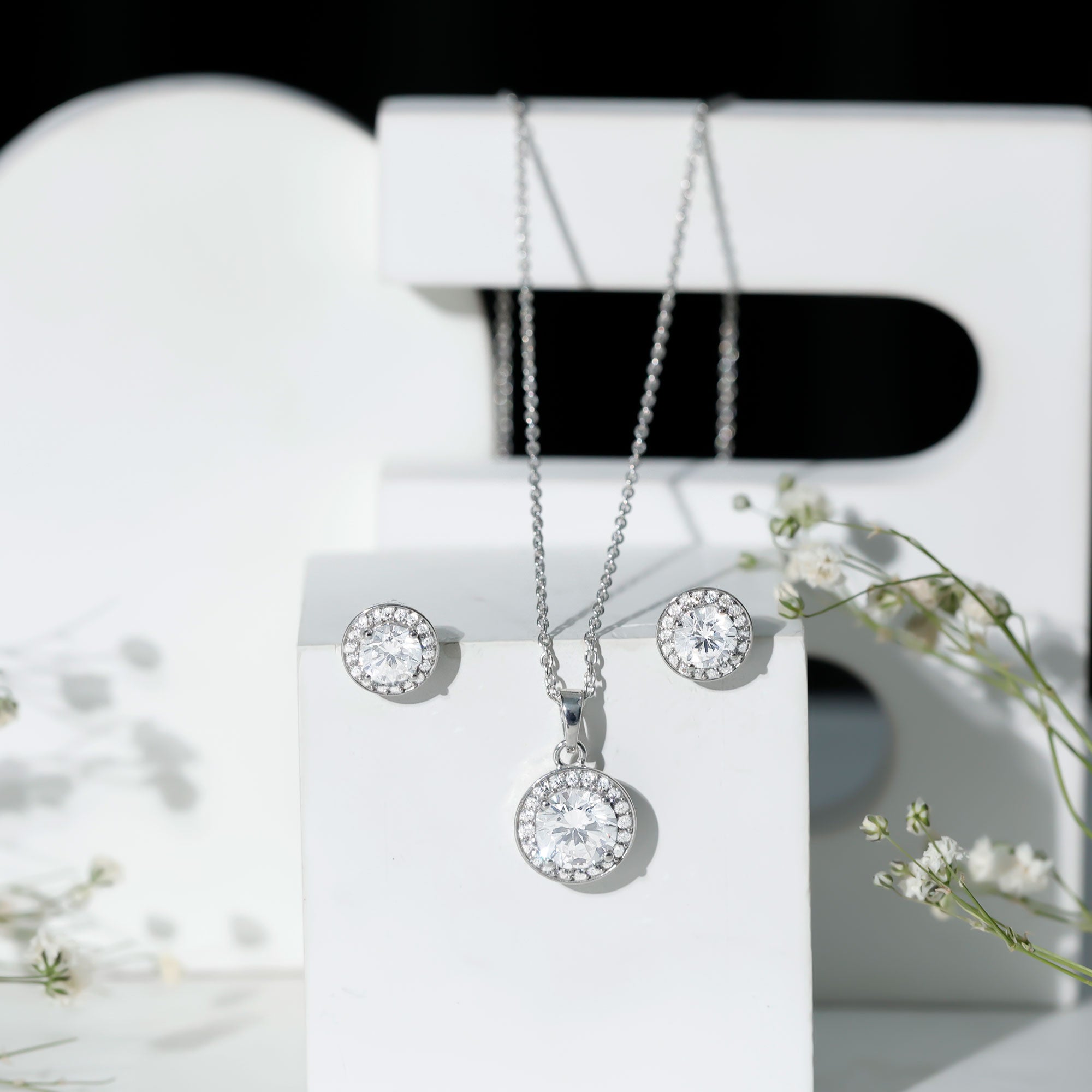 Certified 4 Carat Round Cubic Zirconia Halo Necklace and Earrings in Silver AAAAA 92.5 Sterling Silver - Rosec Jewels