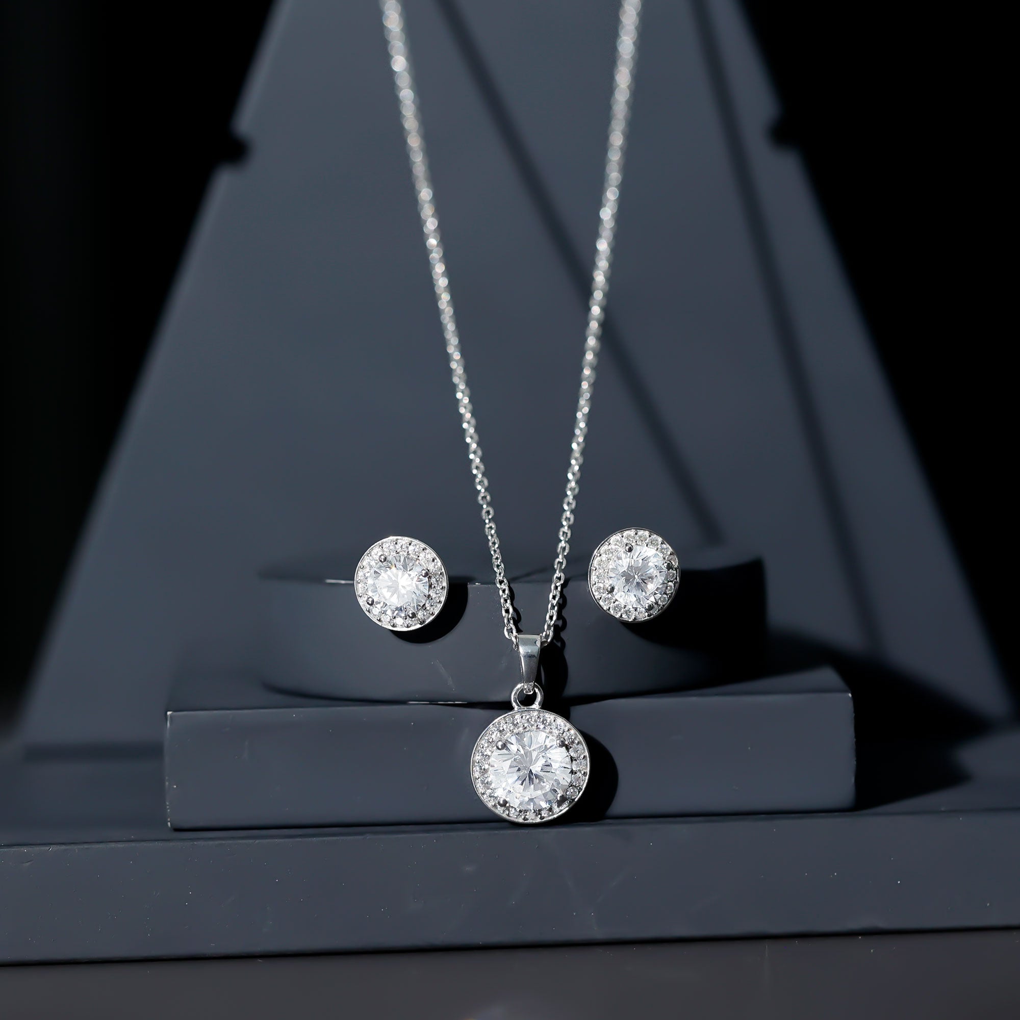 Certified 4 Carat Round Cubic Zirconia Halo Necklace and Earrings in Silver AAAAA 92.5 Sterling Silver - Rosec Jewels