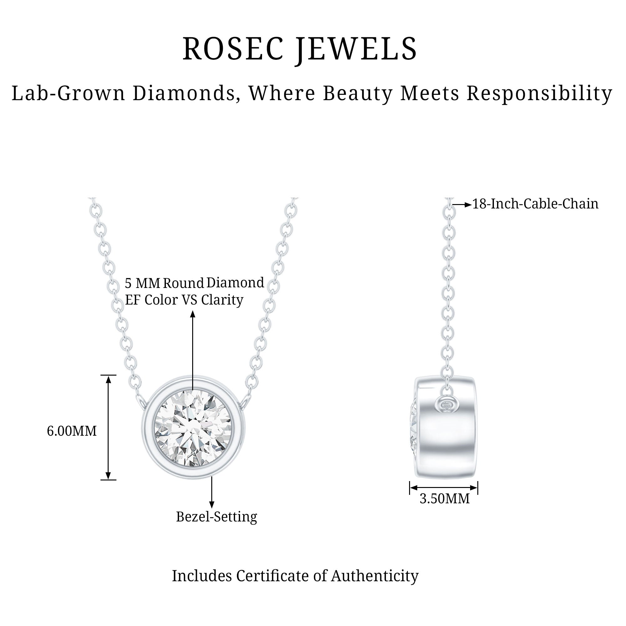 Bezel Set Lab 5 MM Round Diamond Solitaire Necklace Lab - ( EF-VS ) - Rosec Jewels
