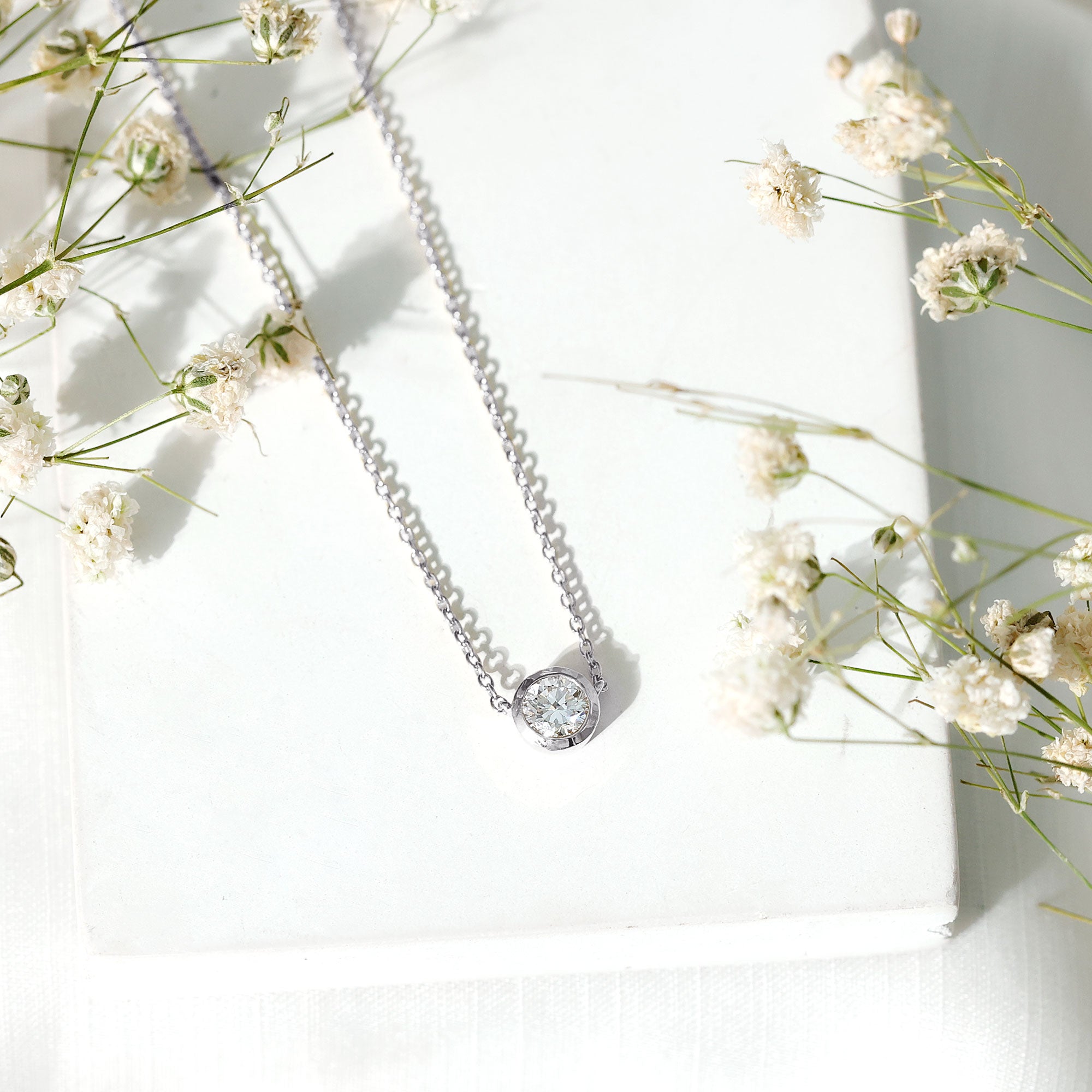 Bezel Set Lab 5 MM Round Diamond Solitaire Necklace Lab - ( EF-VS ) - Rosec Jewels