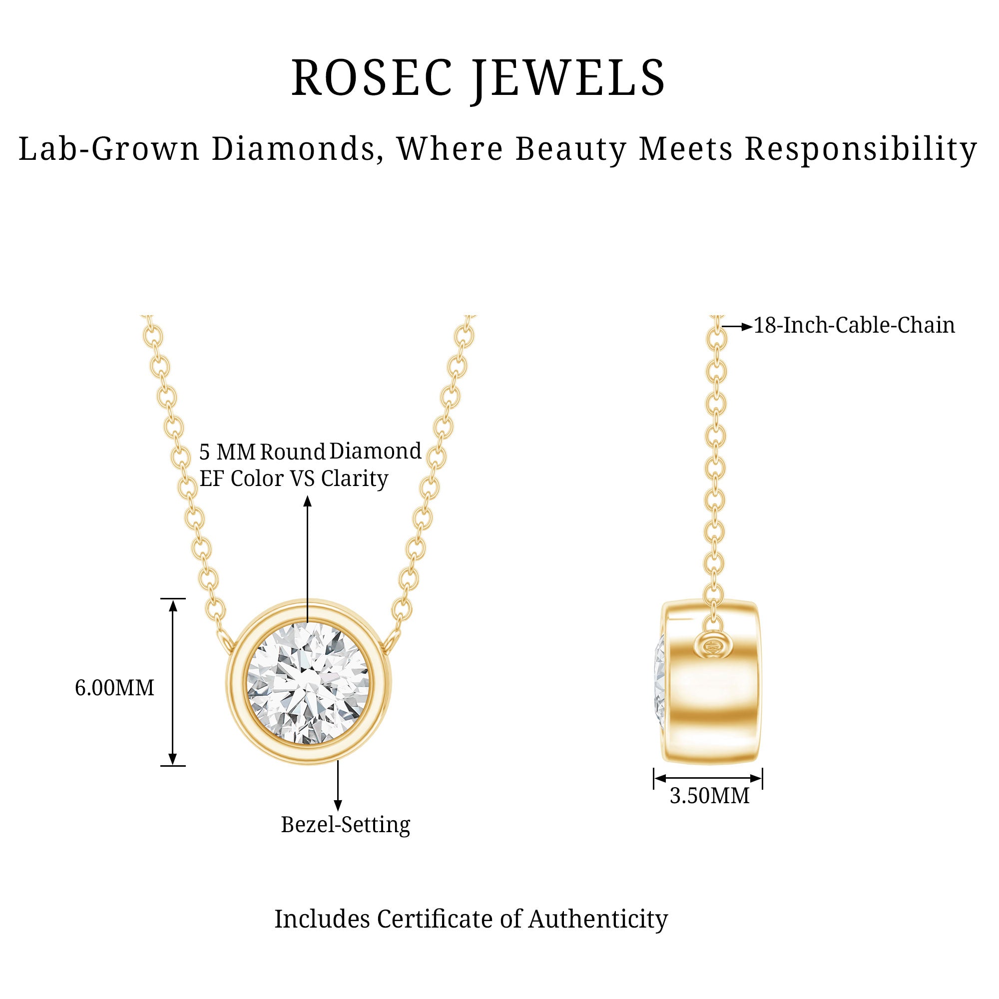 Bezel Set Lab 5 MM Round Diamond Solitaire Necklace Lab - ( EF-VS ) - Rosec Jewels