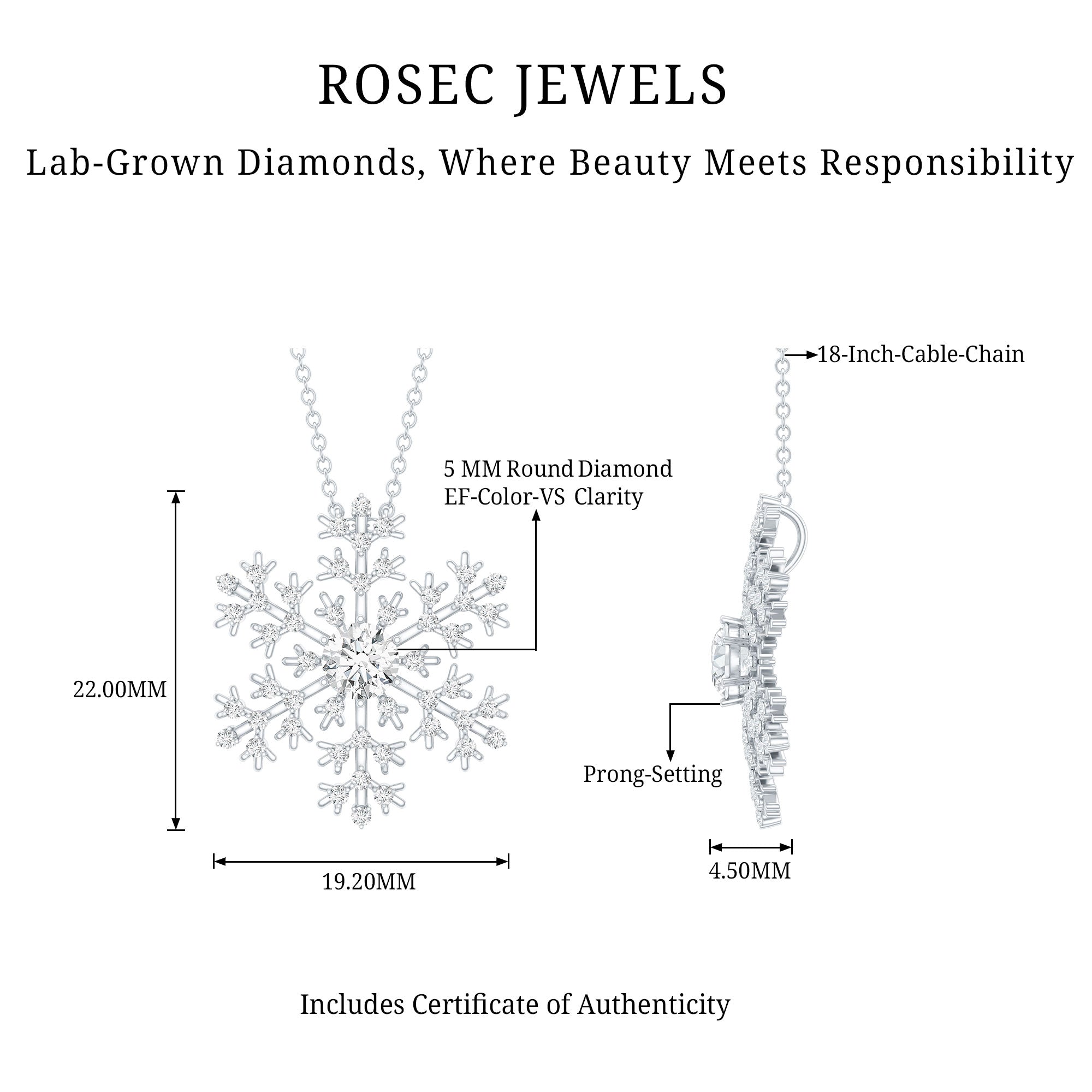 Lab Grown Diamond Snowflake Winter Necklace Lab - ( EF-VS ) - Rosec Jewels