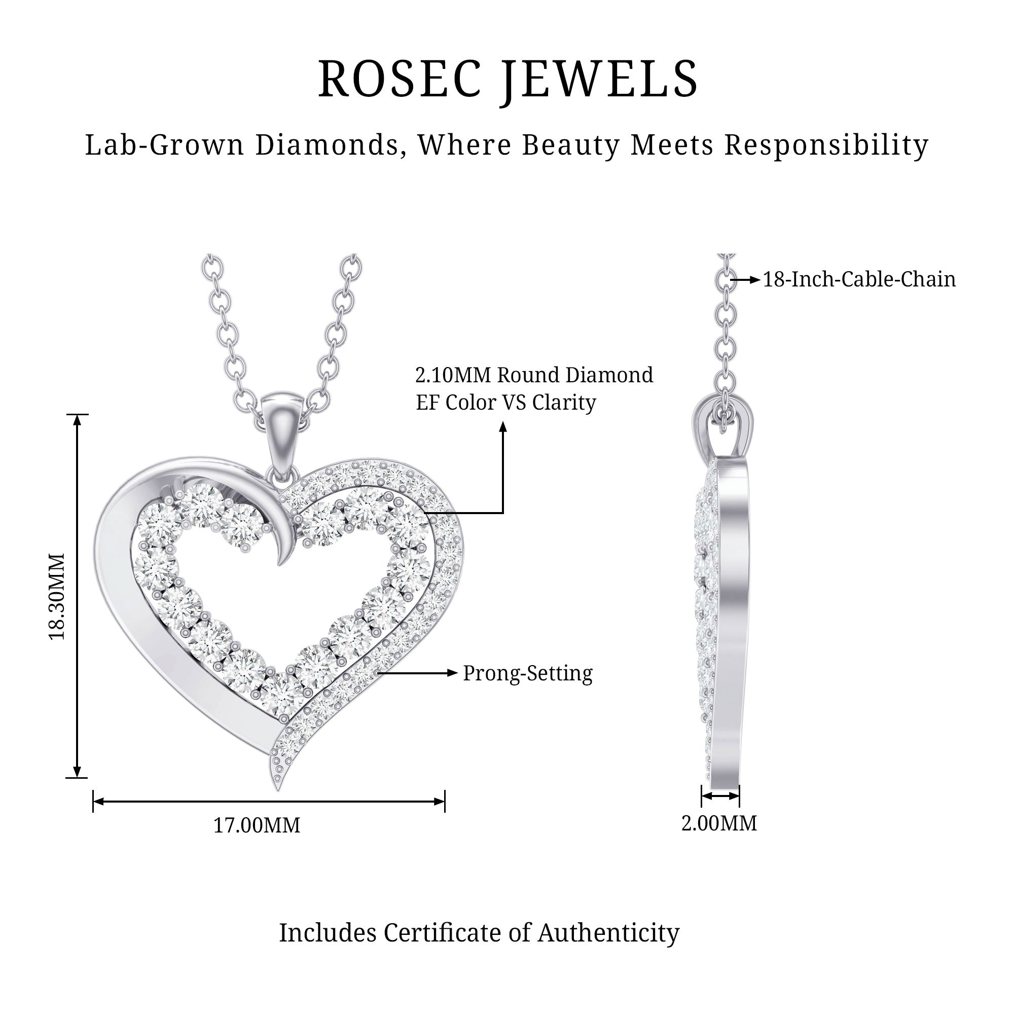 Certified Lab Grown Diamond Designer Heart Necklace For Women Lab - ( EF-VS ) - Rosec Jewels