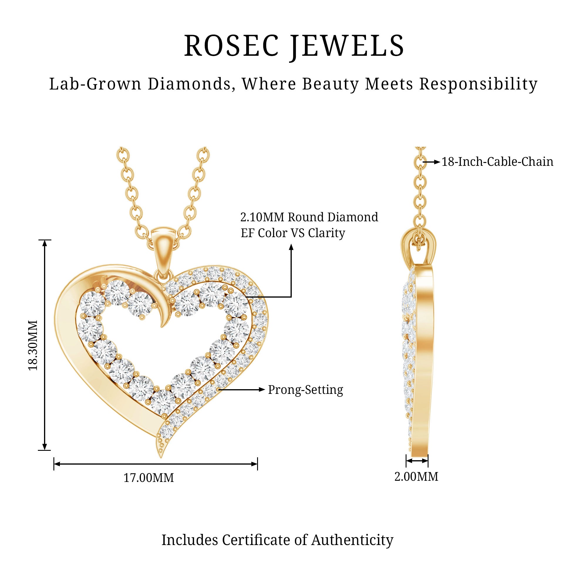 Certified Lab Grown Diamond Designer Heart Necklace For Women Lab - ( EF-VS ) - Rosec Jewels