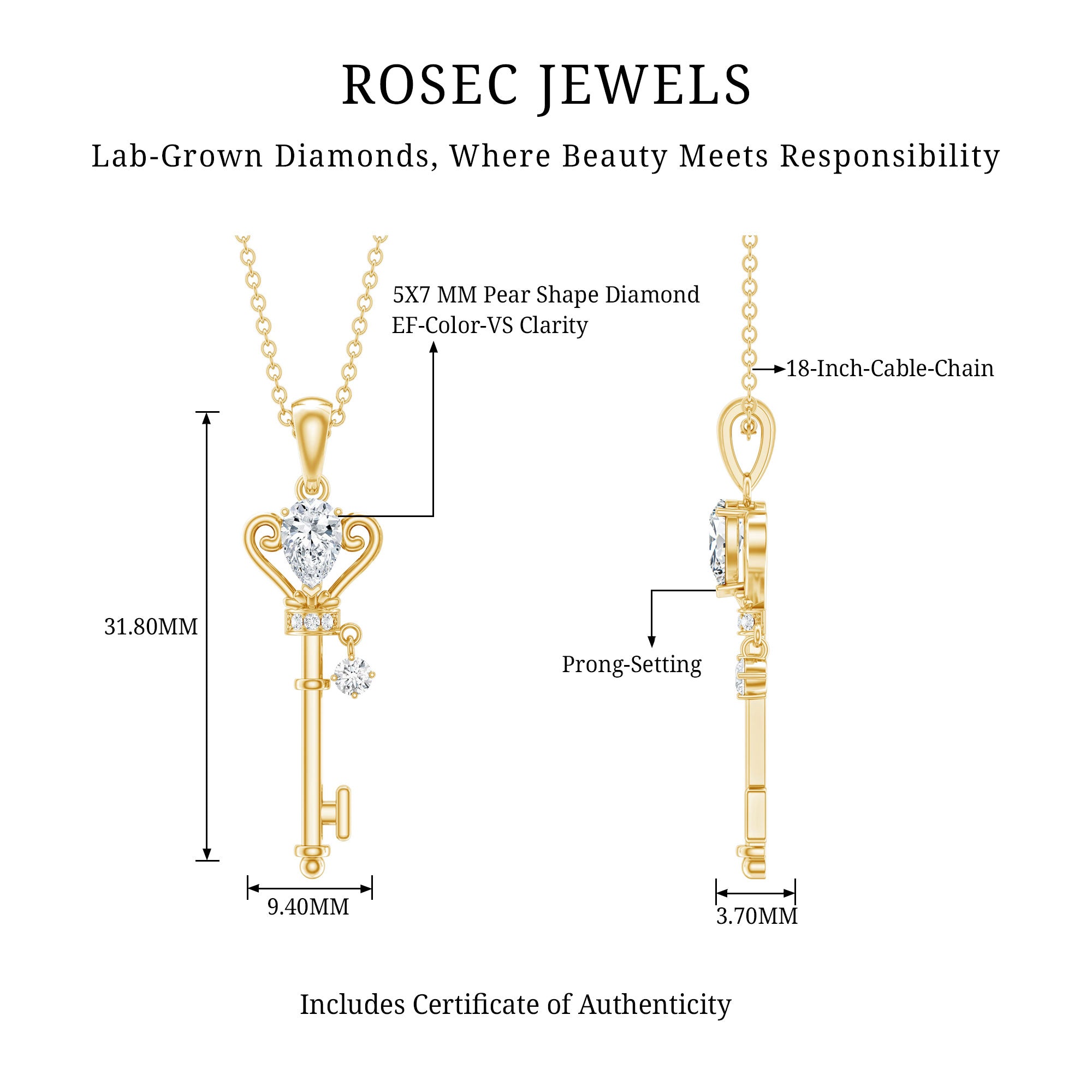 Certified Lab 5X7 MM Pear Shaped Diamond Key Pendant Lab - ( EF-VS ) - Rosec Jewels