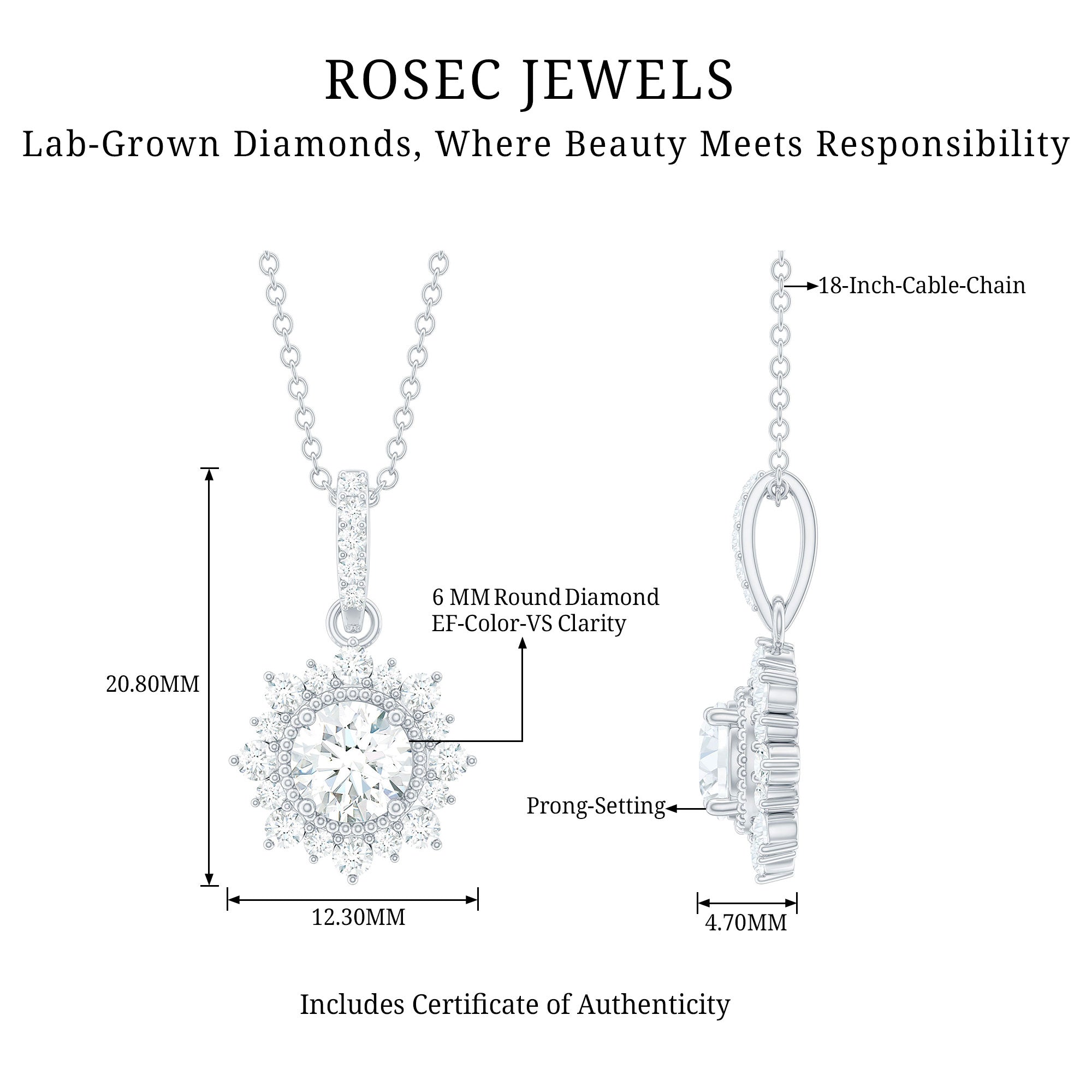 Certified Lab Grown Diamond Wedding Necklace With Chain Lab - ( EF-VS ) - Rosec Jewels