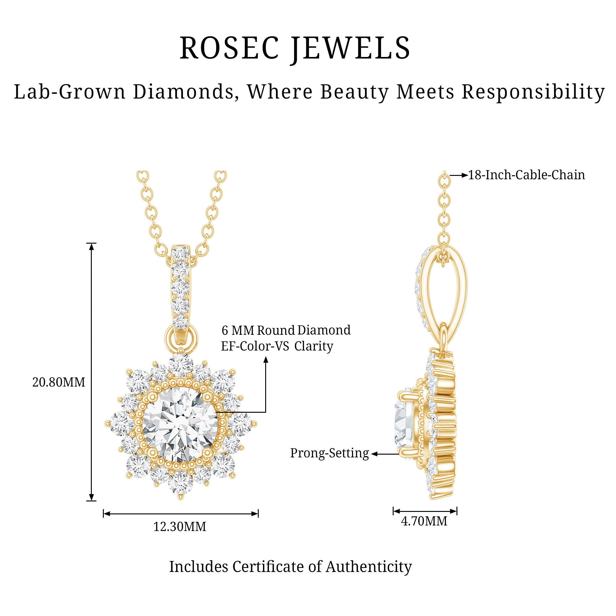Certified Lab Grown Diamond Wedding Necklace With Chain Lab - ( EF-VS ) - Rosec Jewels
