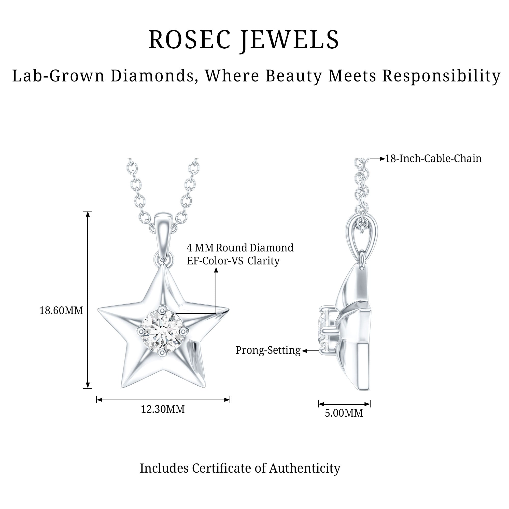 Certified Lab Grown Diamond Star Pendant Necklace For Her Lab - ( EF-VS ) - Rosec Jewels
