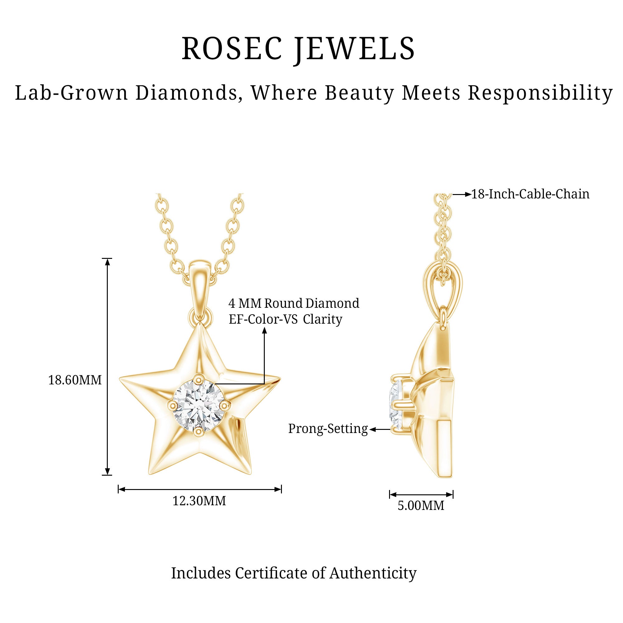 Certified Lab Grown Diamond Star Pendant Necklace For Her Lab - ( EF-VS ) - Rosec Jewels