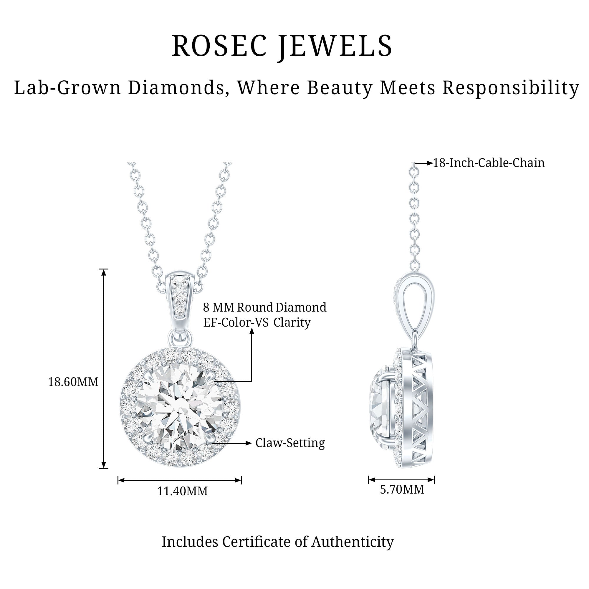 Certified 2 Carat Lab Grown Diamond Halo Pendant Necklace Lab - ( EF-VS ) - Rosec Jewels