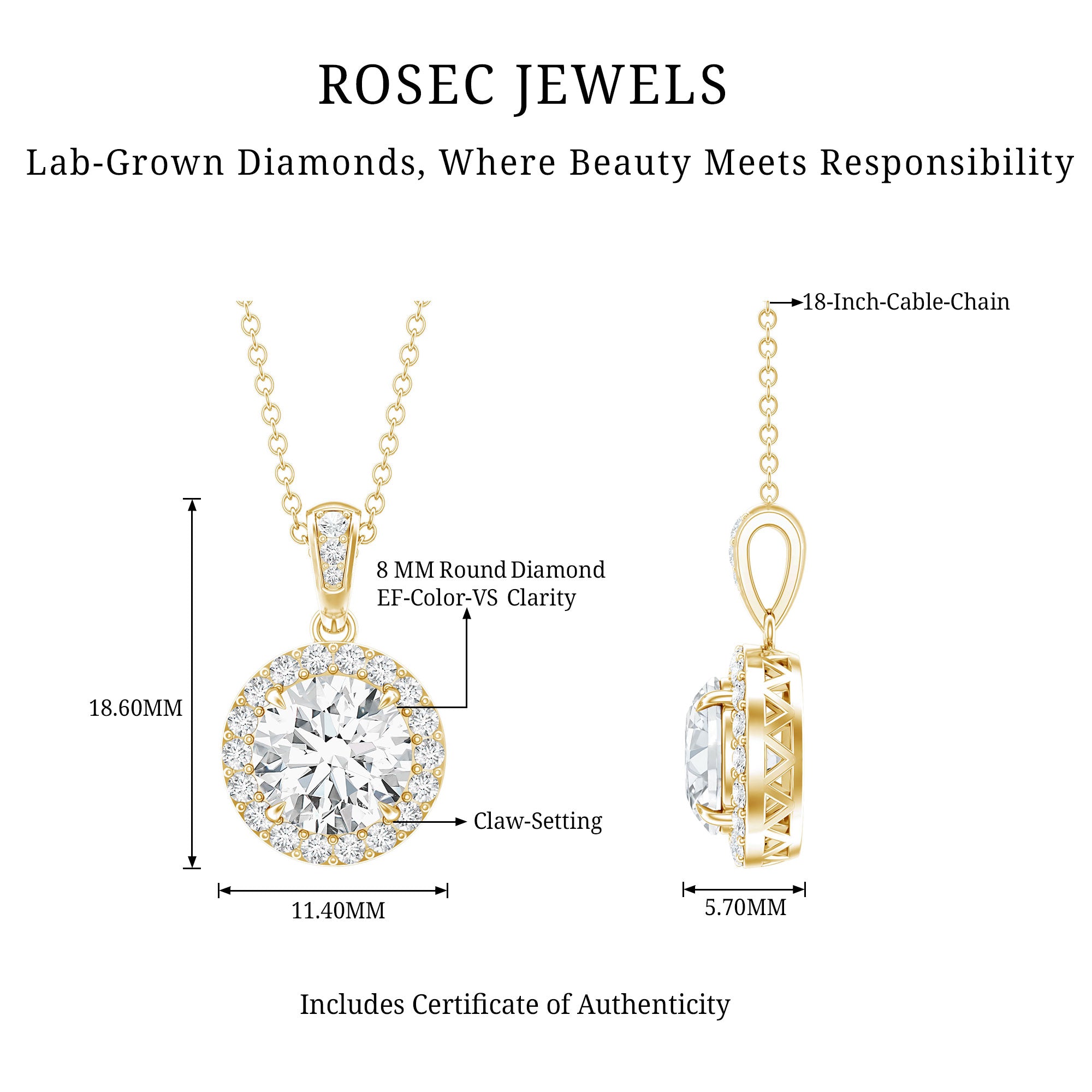 Certified 2 Carat Lab Grown Diamond Halo Pendant Necklace Lab - ( EF-VS ) - Rosec Jewels