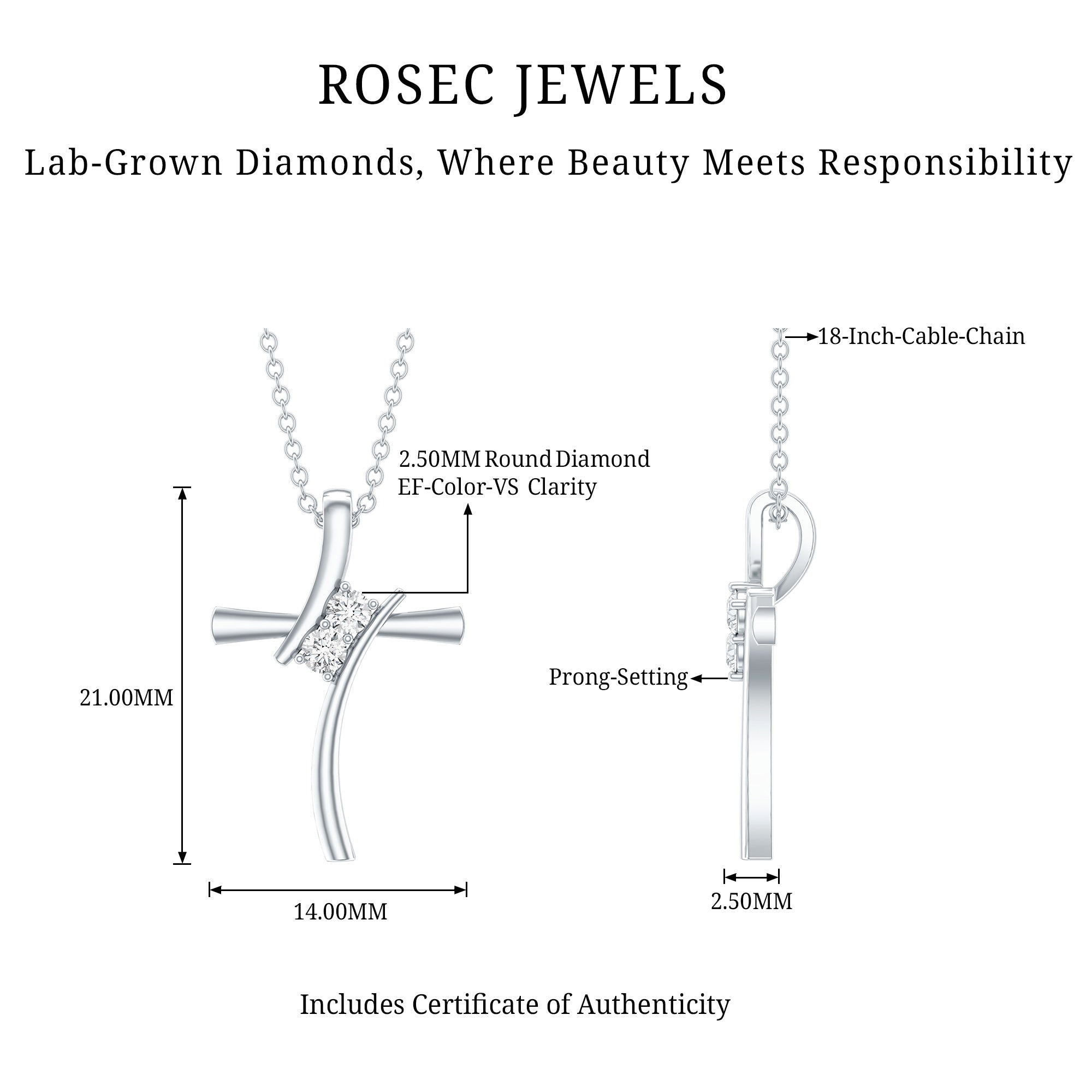 0.14 CT Lab Grown Diamond Cross Necklace (Hidden Bail) Lab - ( EF-VS ) - Rosec Jewels