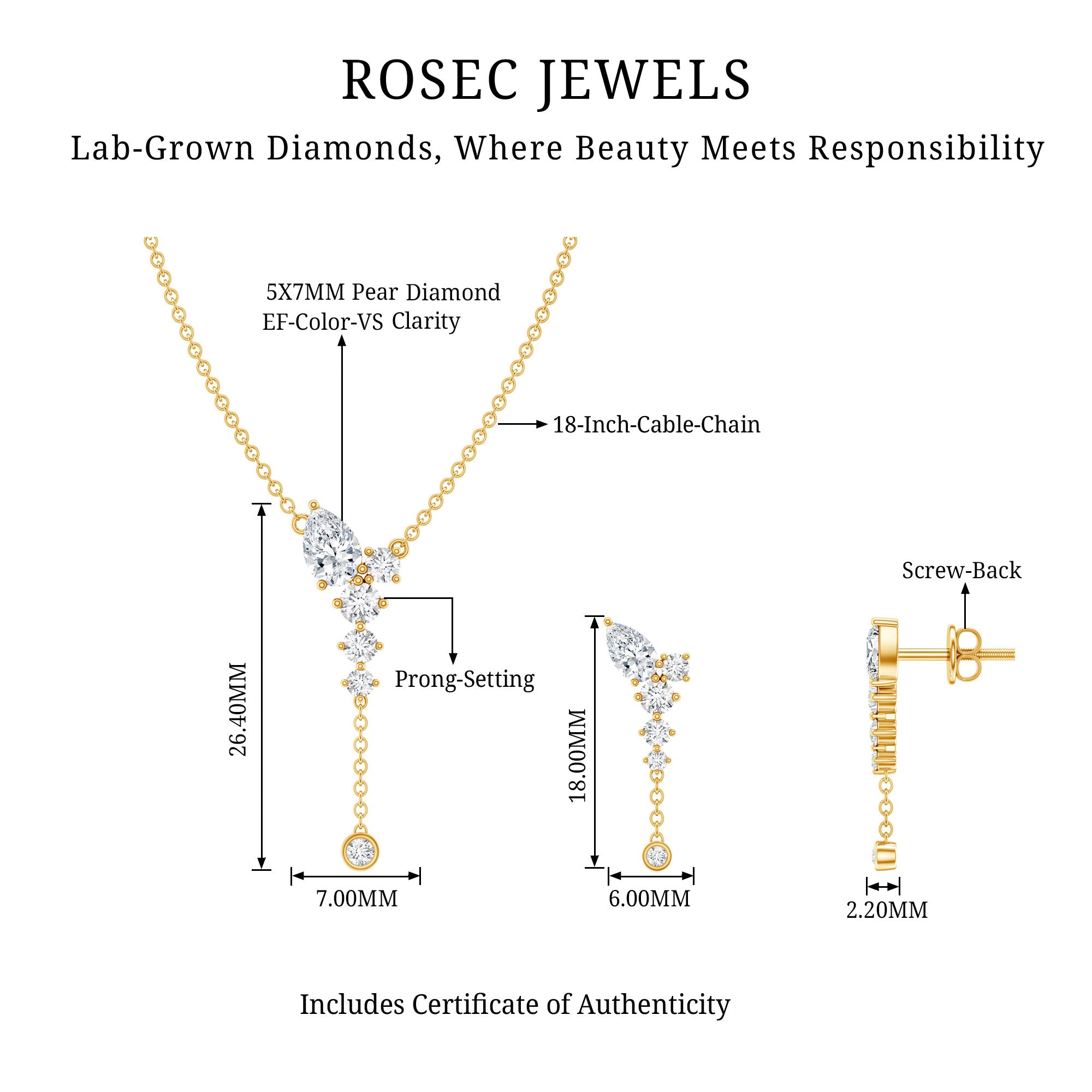 Certified Lab Grown Diamond Designer Necklace and Earrings Set Lab - ( EF-VS ) - Rosec Jewels