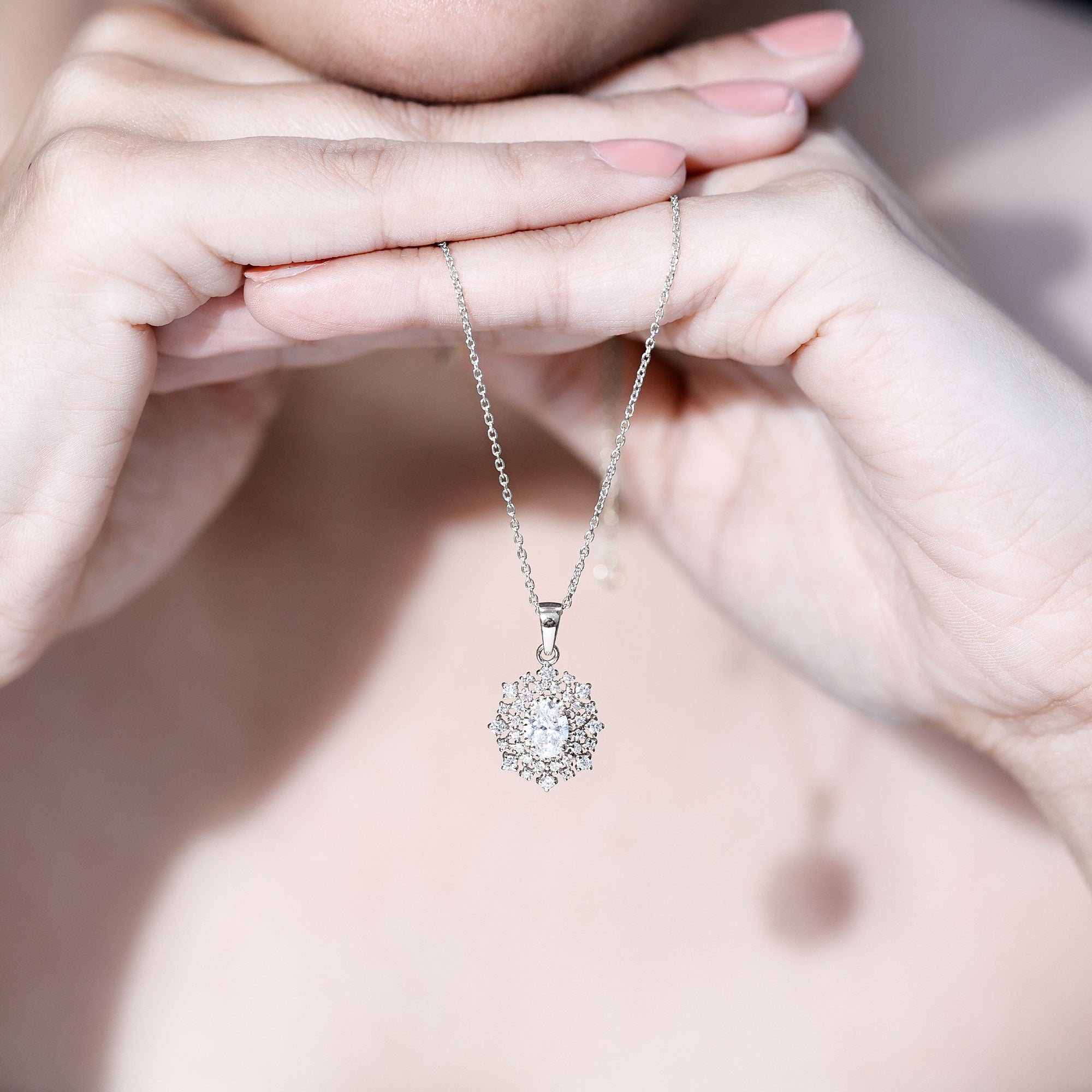 5X7MM Oval Lab Diamond Double Halo Bridal Pendant Lab - ( EF-VS ) - Rosec Jewels
