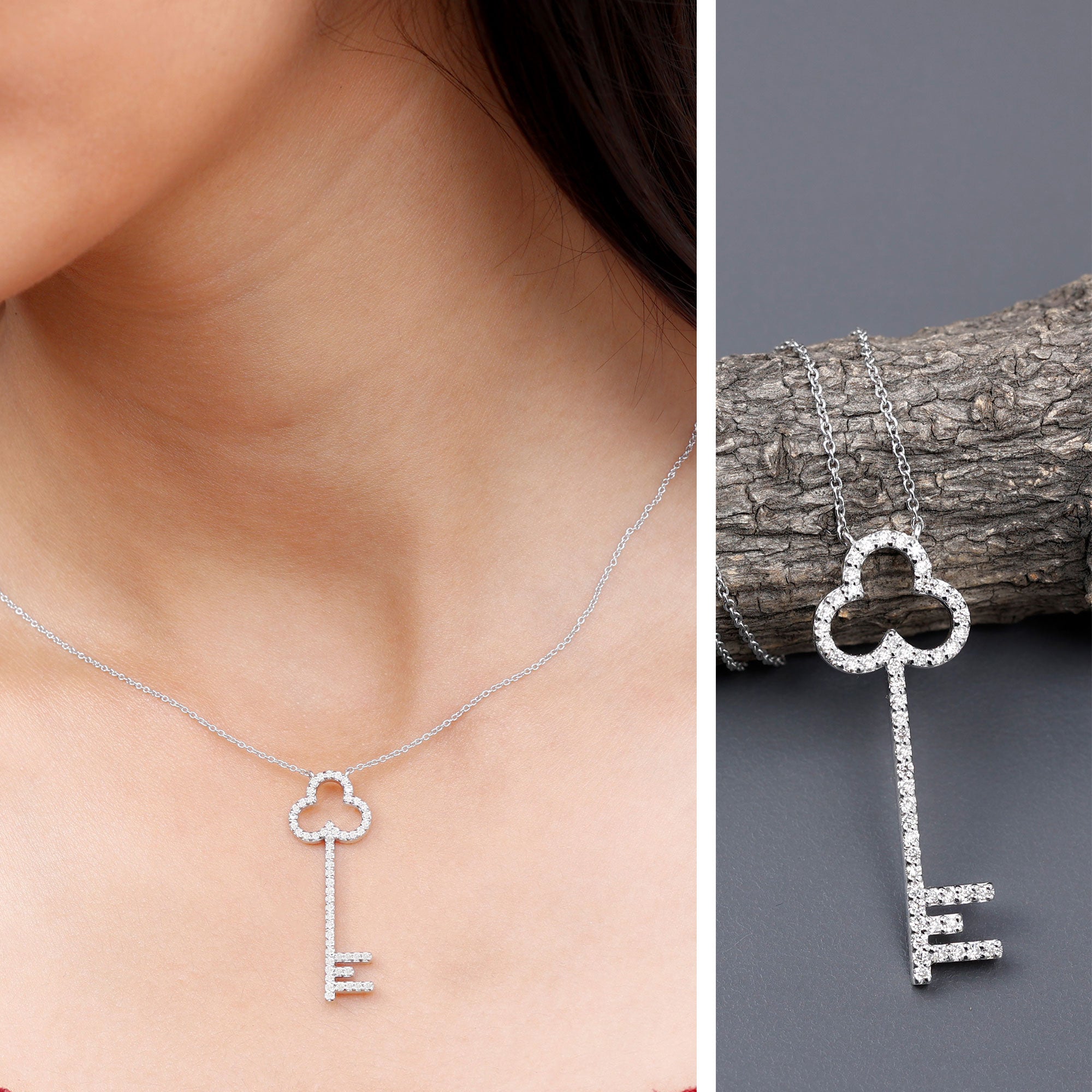 Certified Lab Grown Diamond Key Necklace For Women Lab - ( EF-VS ) - Rosec Jewels
