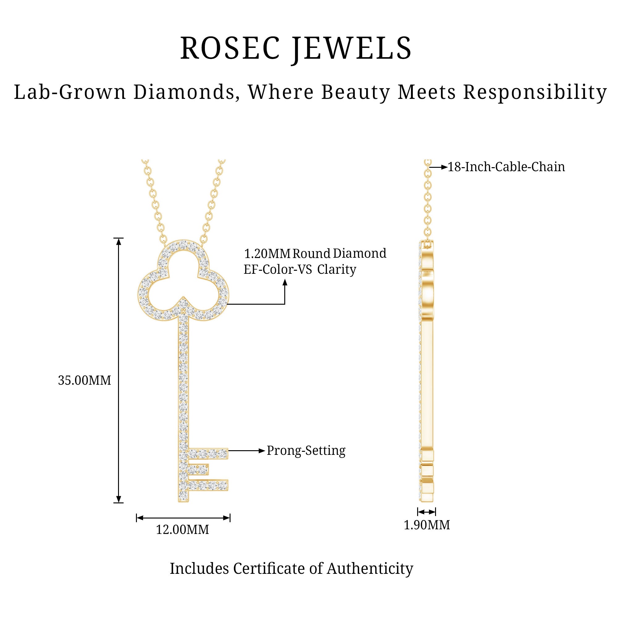 Certified Lab Grown Diamond Key Necklace For Women Lab - ( EF-VS ) - Rosec Jewels