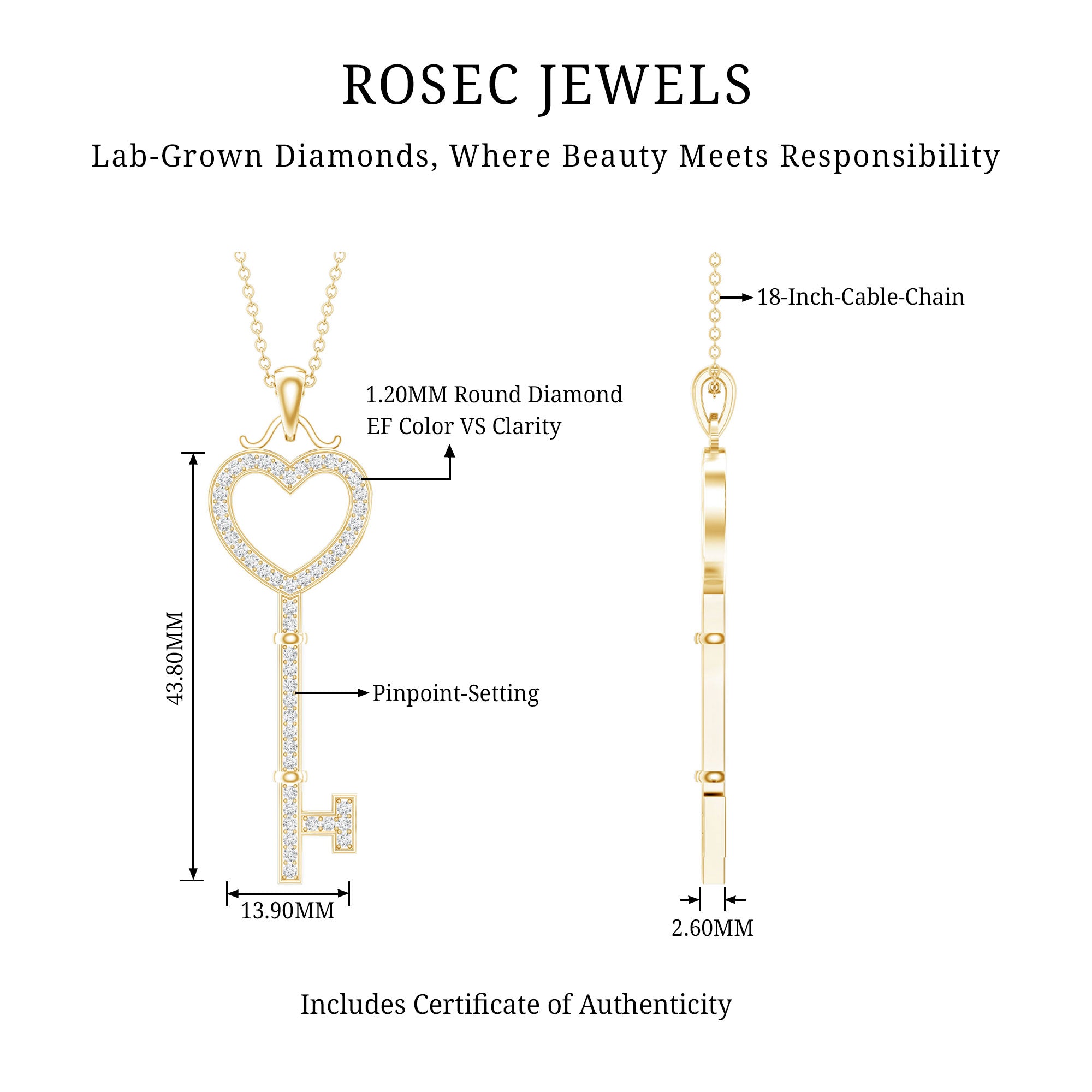 Lab Grown Diamond Key To My Heart Pendant Necklace Lab - ( EF-VS ) - Rosec Jewels