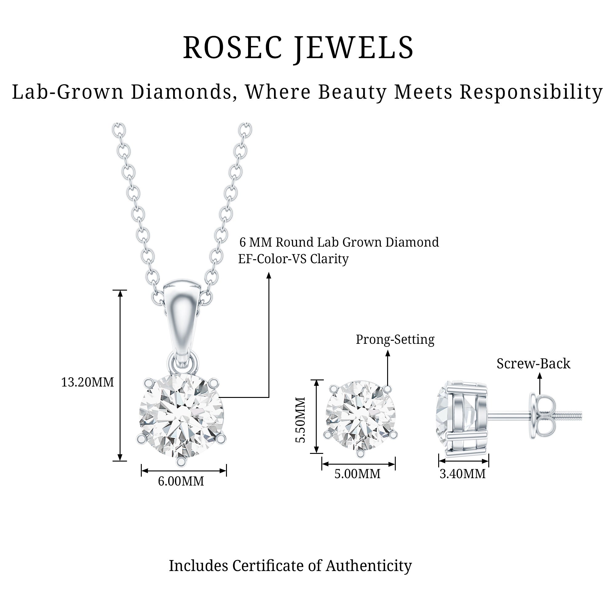 Certified Lab Grown Diamond Solitaire Necklace and Earrings Set Lab - ( EF-VS ) - Rosec Jewels