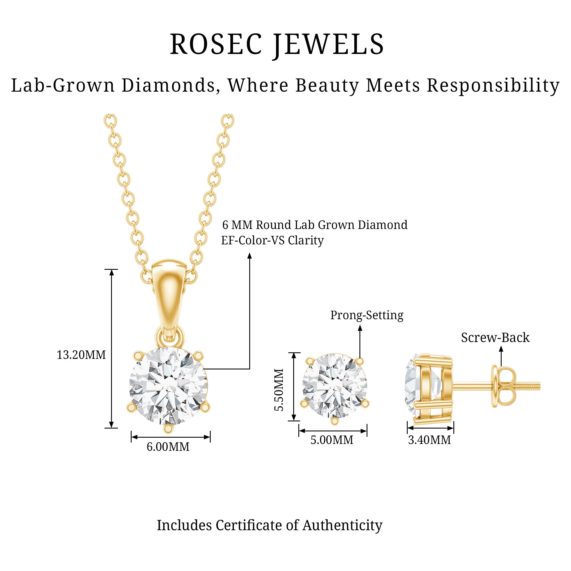 Certified Lab Grown Diamond Solitaire Necklace and Earrings Set Lab - ( EF-VS ) - Rosec Jewels