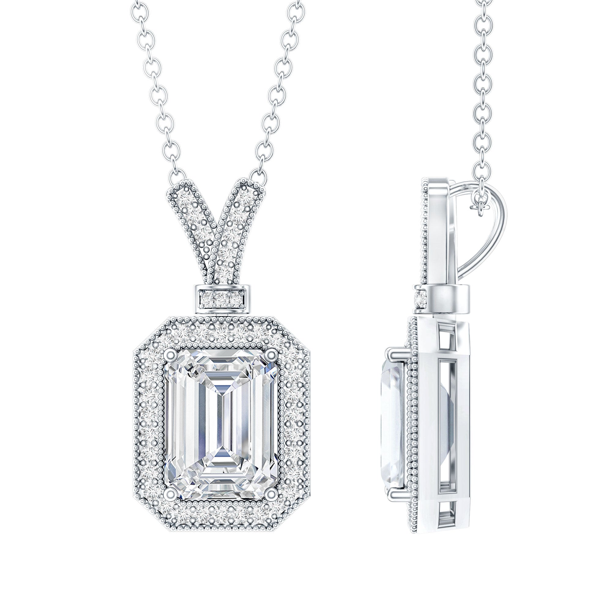 Lab Created Diamond 6X8 MM Emerald Cut Halo Necklace Lab - ( EF-VS ) - Rosec Jewels