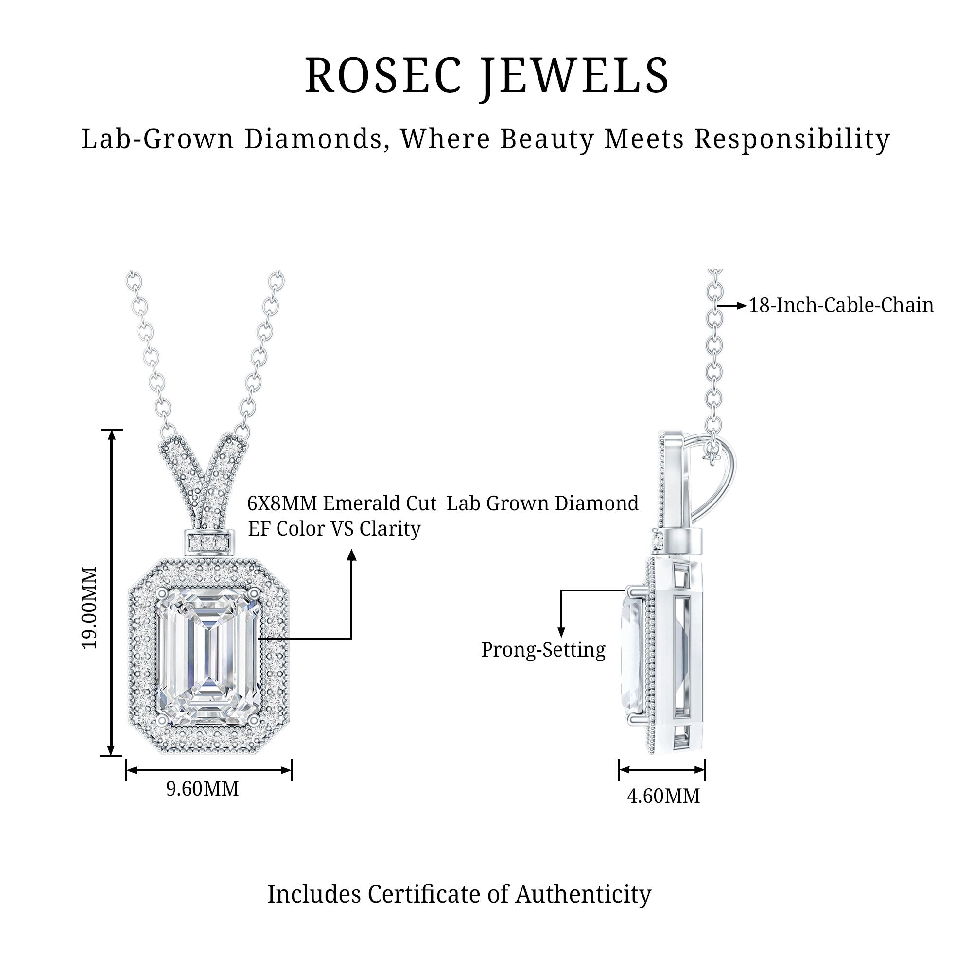 Lab Created Diamond 6X8 MM Emerald Cut Halo Necklace Lab - ( EF-VS ) - Rosec Jewels