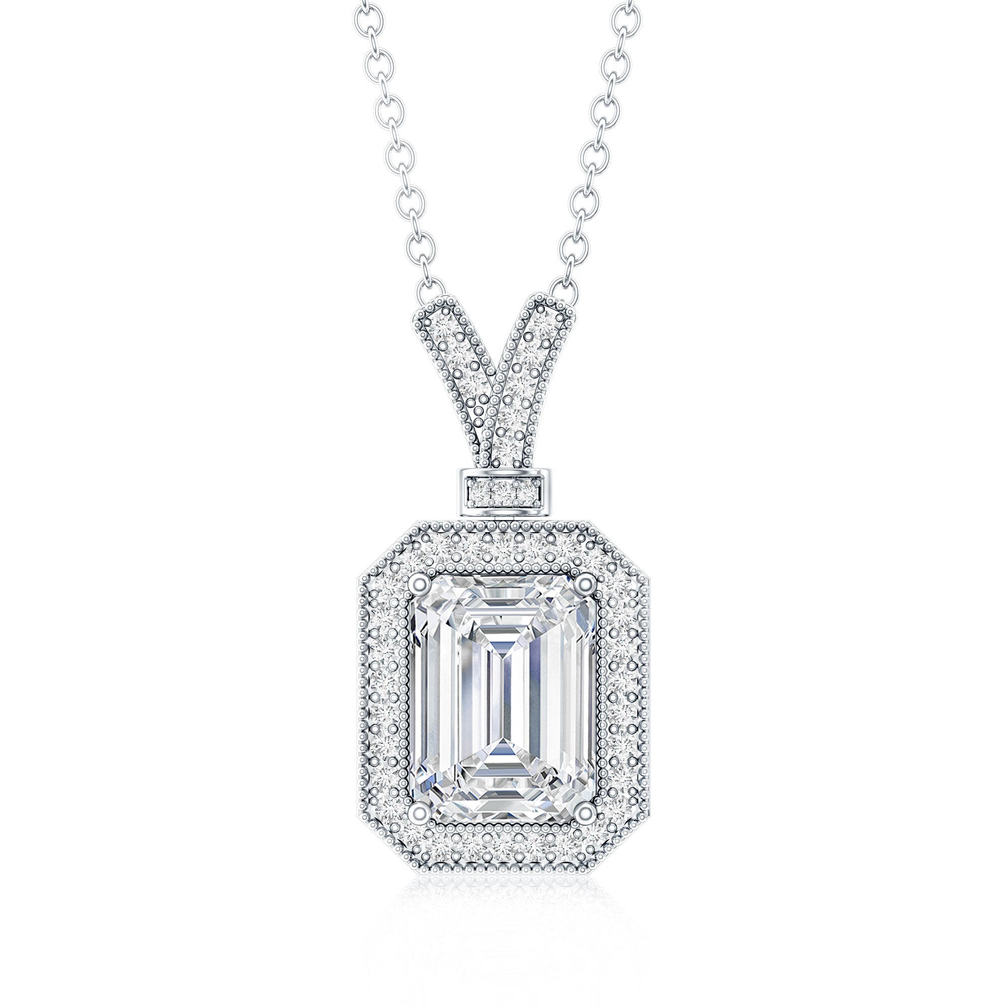 Lab Created Diamond 6X8 MM Emerald Cut Halo Necklace Lab - ( EF-VS ) - Rosec Jewels
