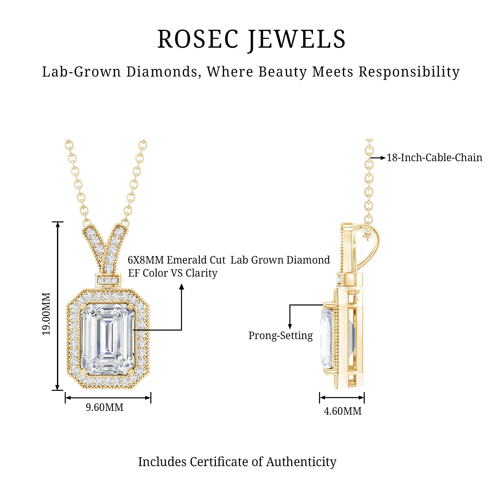 Lab Created Diamond 6X8 MM Emerald Cut Halo Necklace Lab - ( EF-VS ) - Rosec Jewels