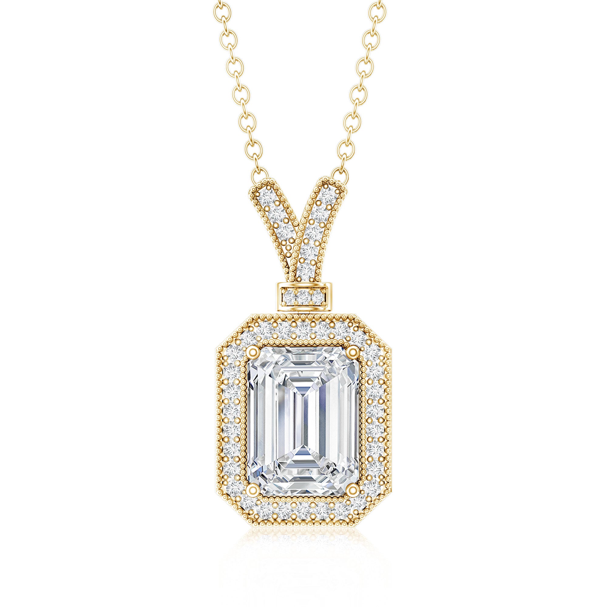 Lab Created Diamond 6X8 MM Emerald Cut Halo Necklace Lab - ( EF-VS ) - Rosec Jewels