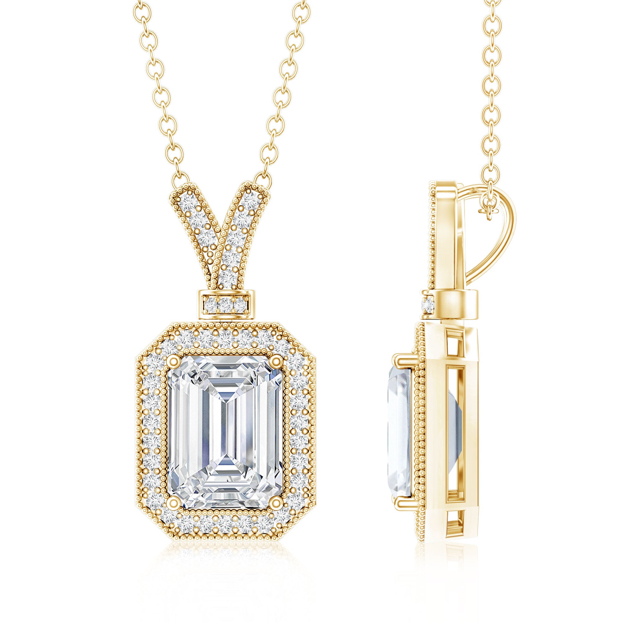 Lab Created Diamond 6X8 MM Emerald Cut Halo Necklace Lab - ( EF-VS ) - Rosec Jewels