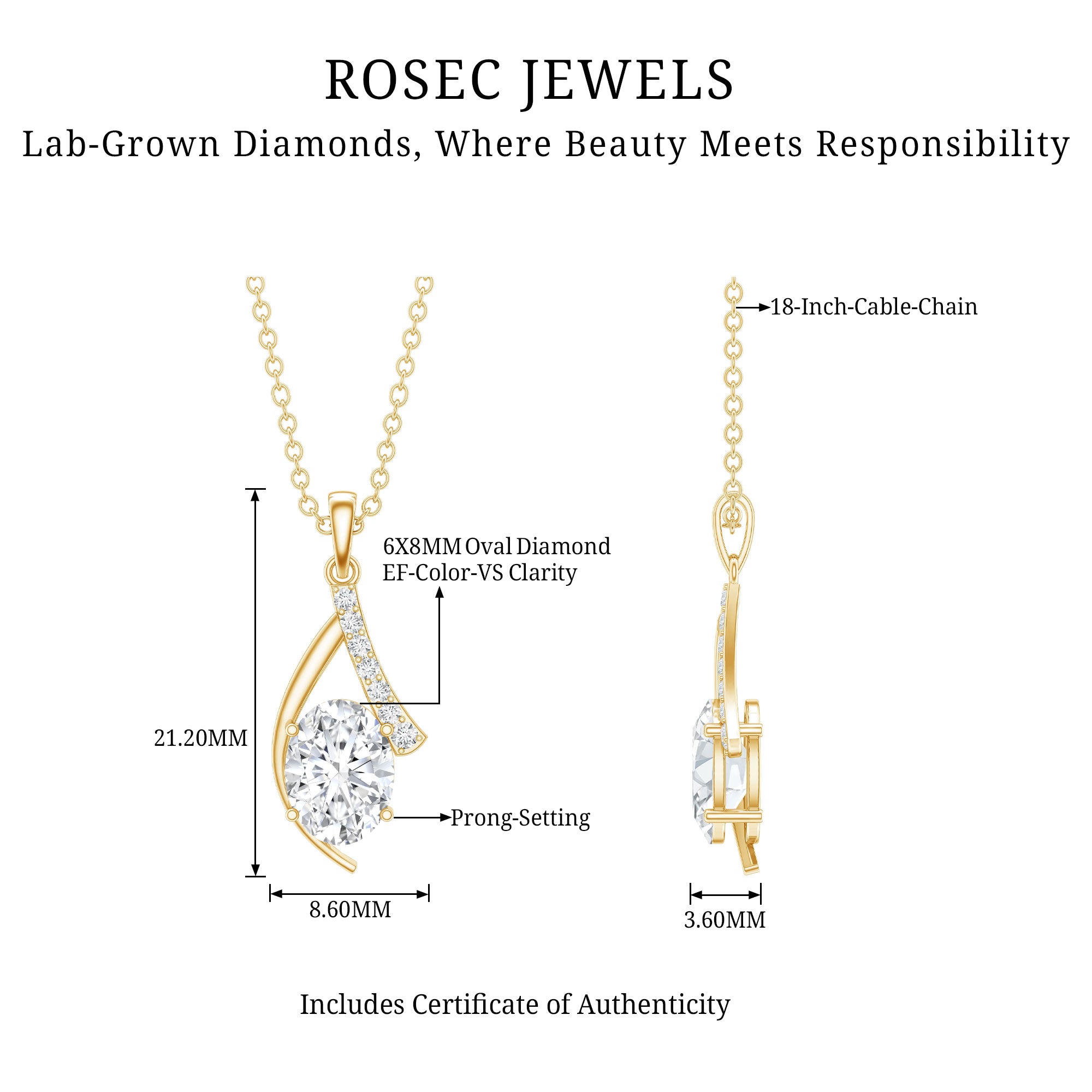 6X8 MM Oval Lab Grown Diamond Solitaire Necklace Lab - ( EF-VS ) - Rosec Jewels