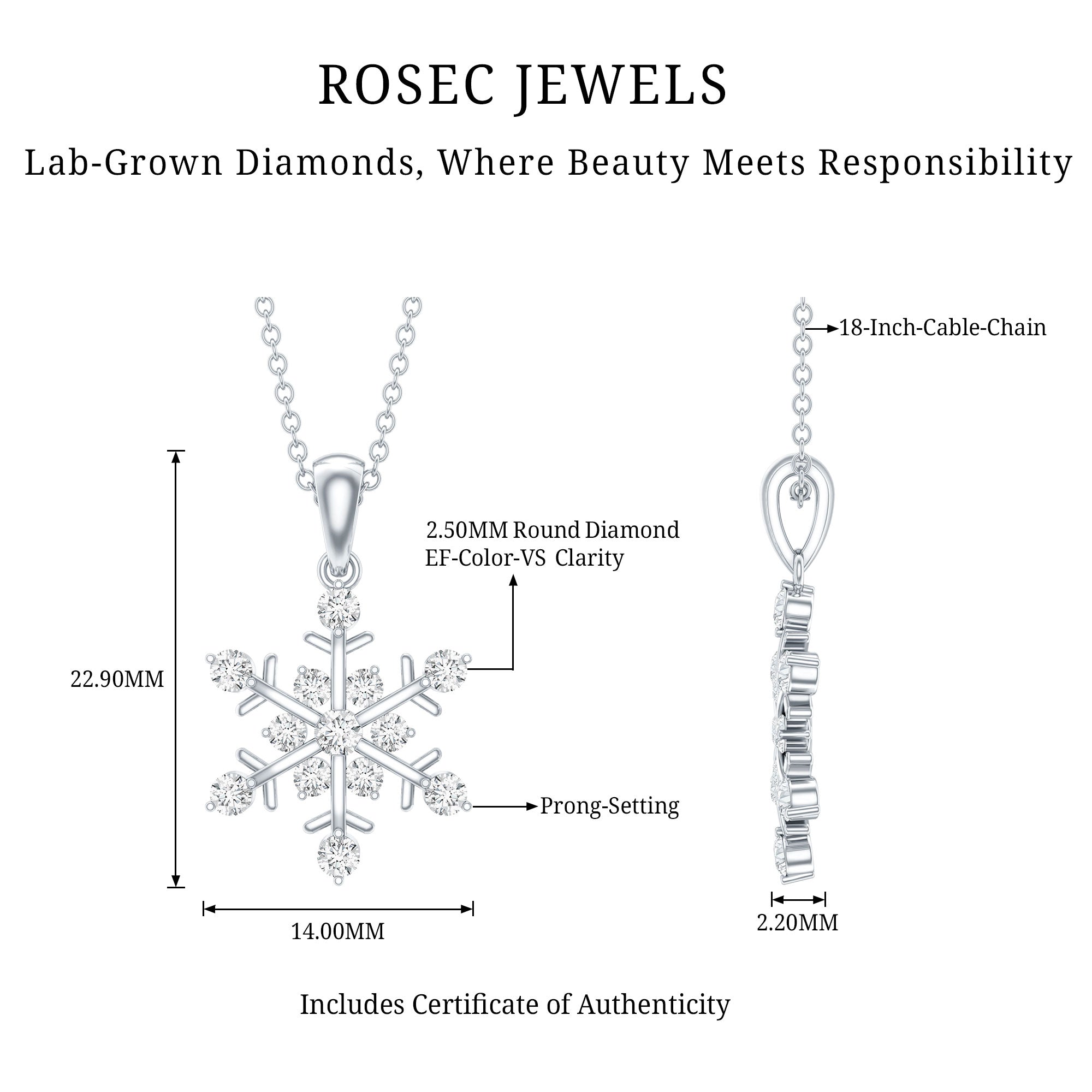 Lab Grown Diamond Christmas Snowflake Necklace Lab - ( EF-VS ) - Rosec Jewels