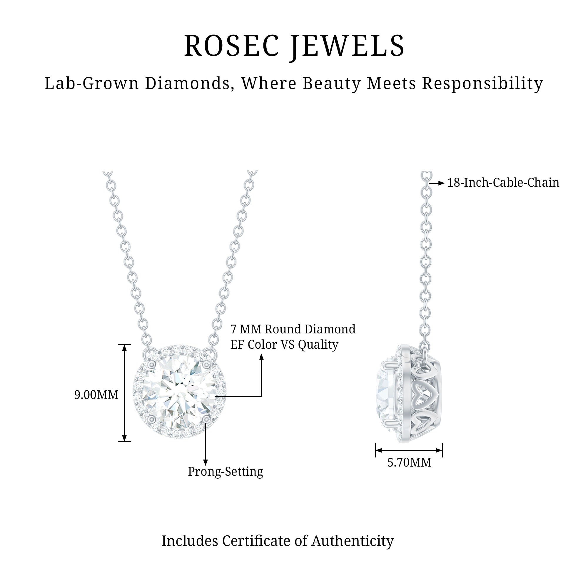 Rosec Jewels-Certified Lab Created Diamond Halo Necklace For Bride