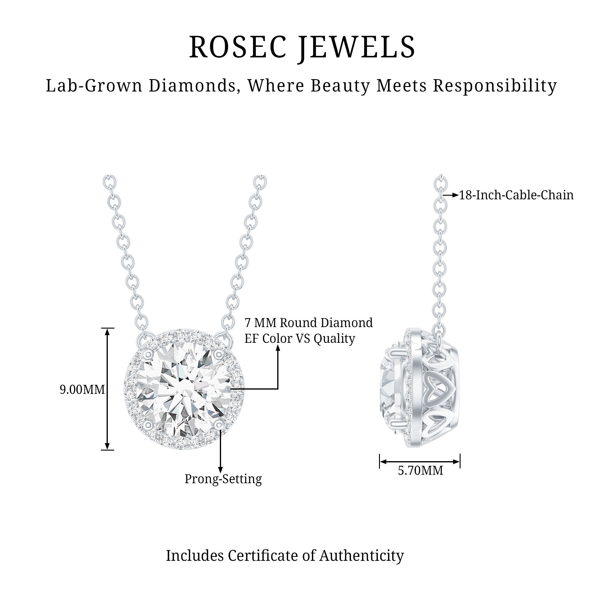 Certified Lab Created Diamond Halo Necklace For Bride Lab - ( EF-VS ) - Rosec Jewels