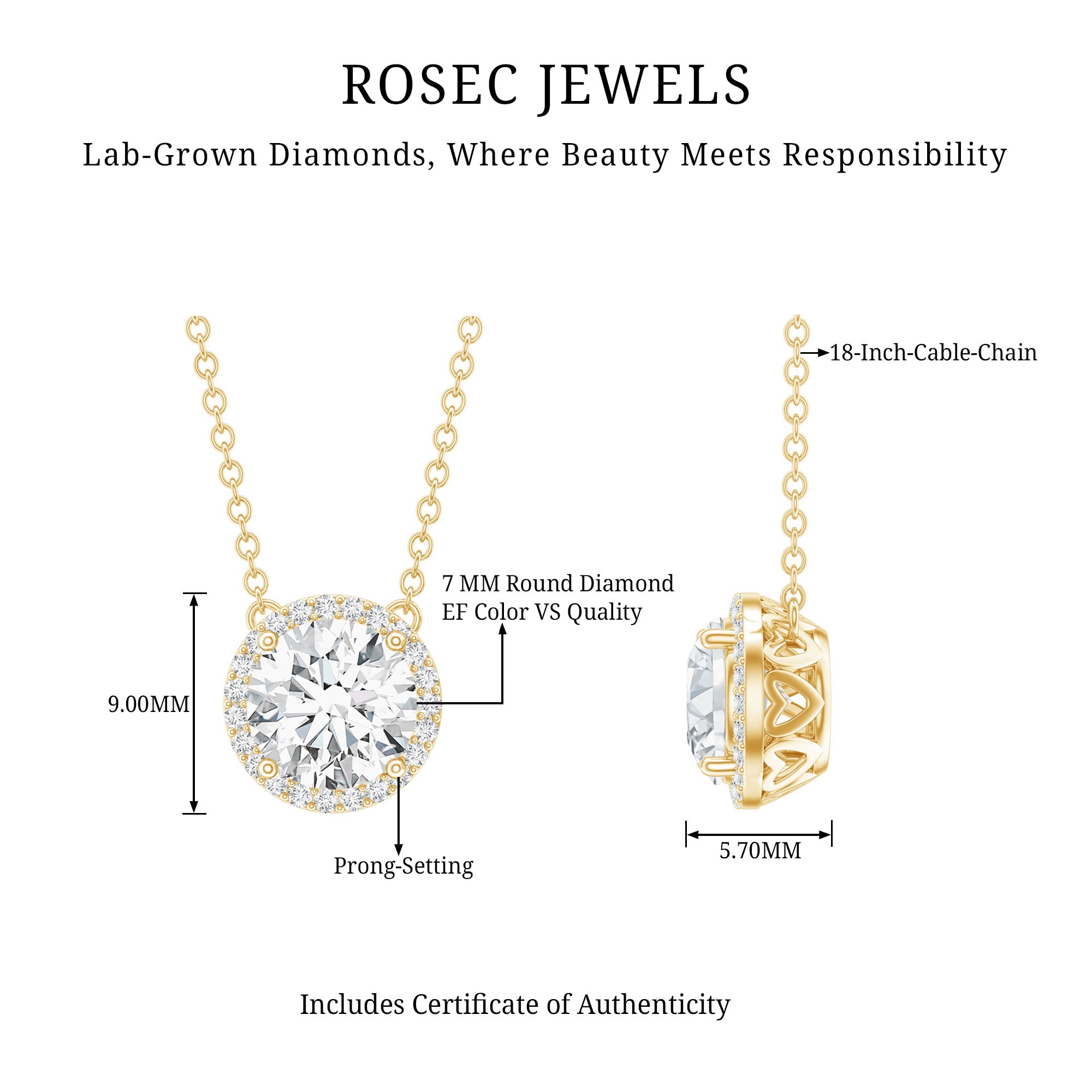 Certified Lab Created Diamond Halo Necklace For Bride Lab - ( EF-VS ) - Rosec Jewels