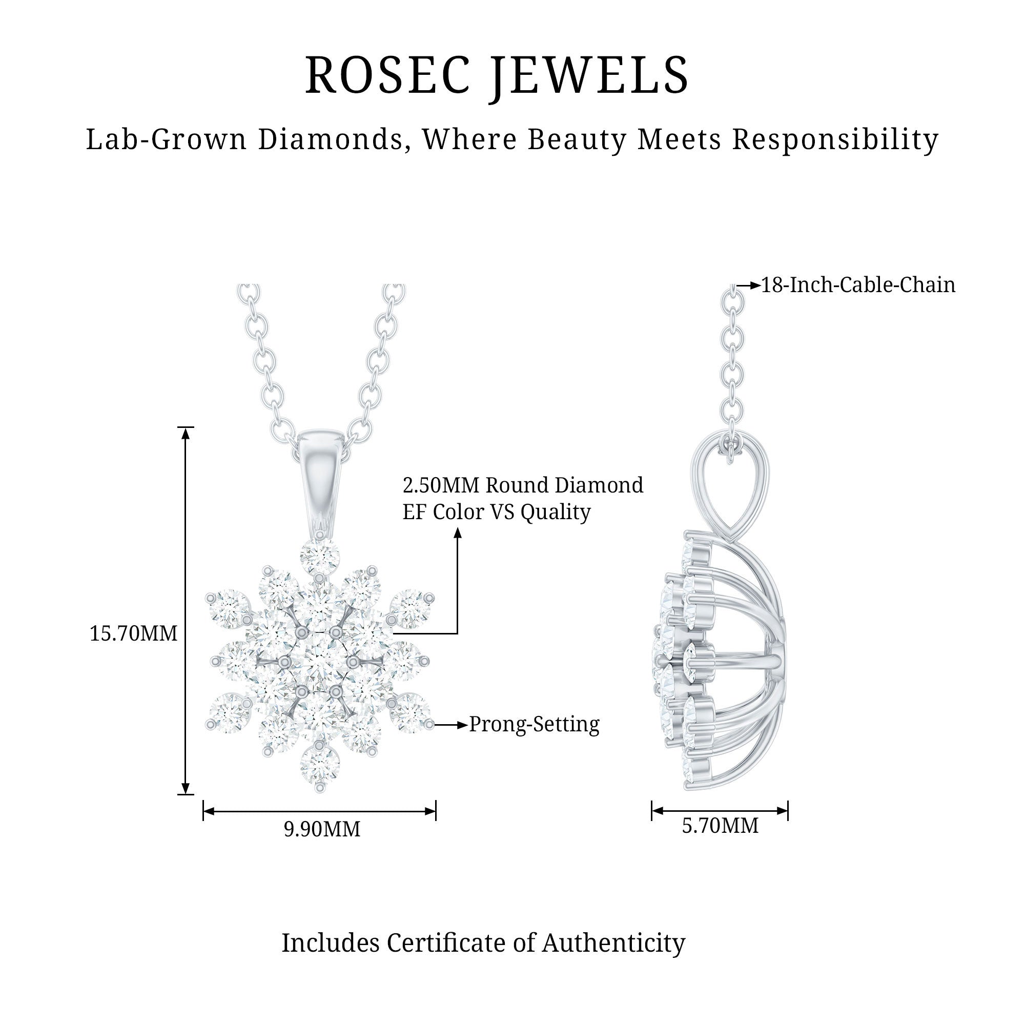 Rosec Jewels-Certified Lab Grown Diamond Snowflake Necklace For Women