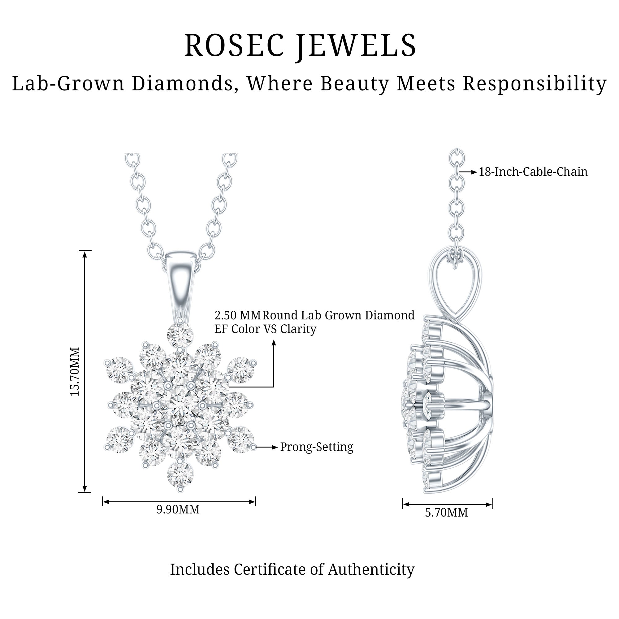 Certified Lab Grown Diamond Snowflake Necklace For Women Lab - ( EF-VS ) - Rosec Jewels