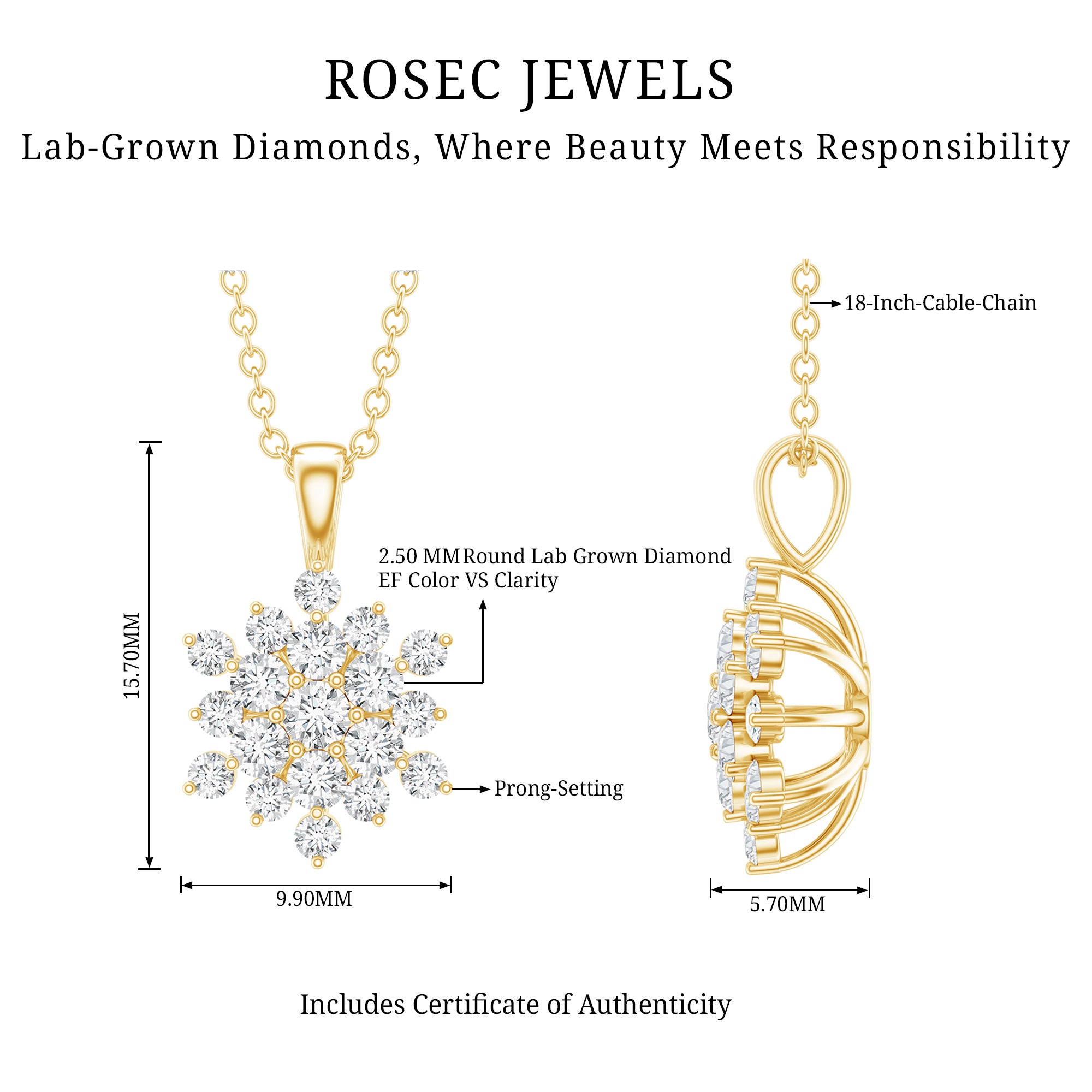 Certified Lab Grown Diamond Snowflake Necklace For Women Lab - ( EF-VS ) - Rosec Jewels