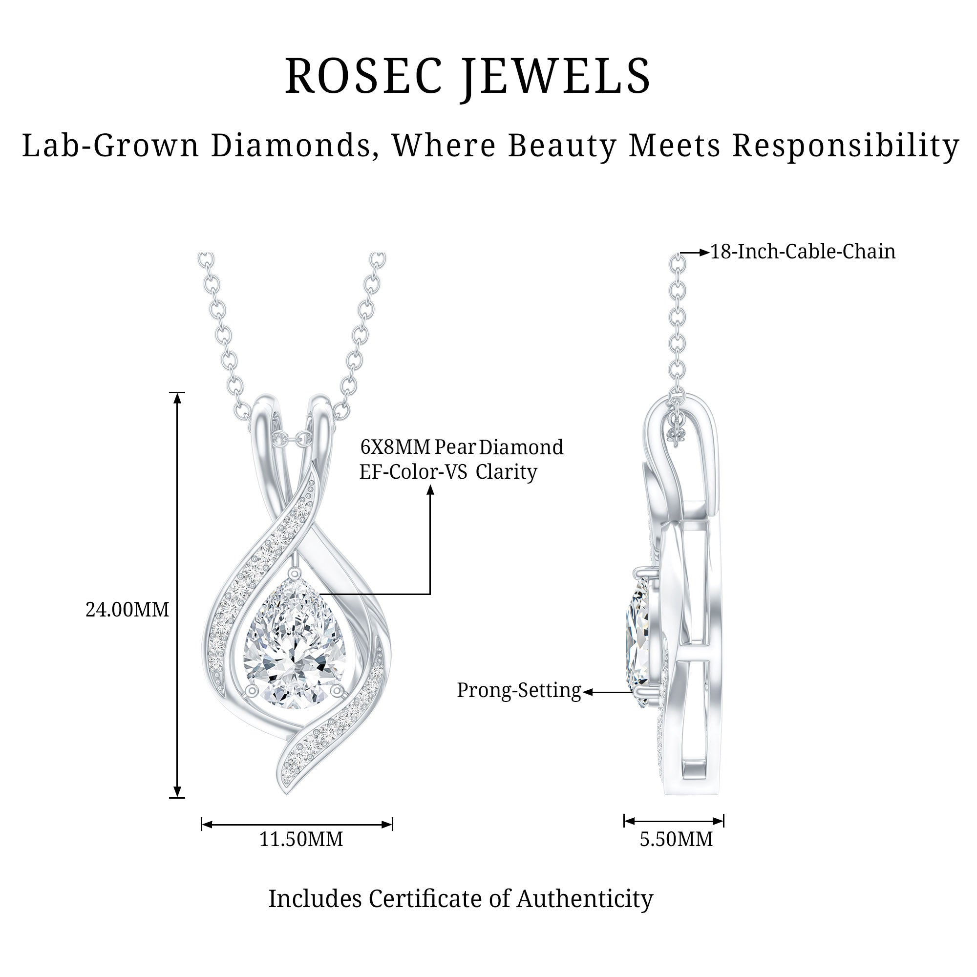 Lab Grown Diamond Teardrop Bridal Wedding Necklace Lab - ( EF-VS ) - Rosec Jewels