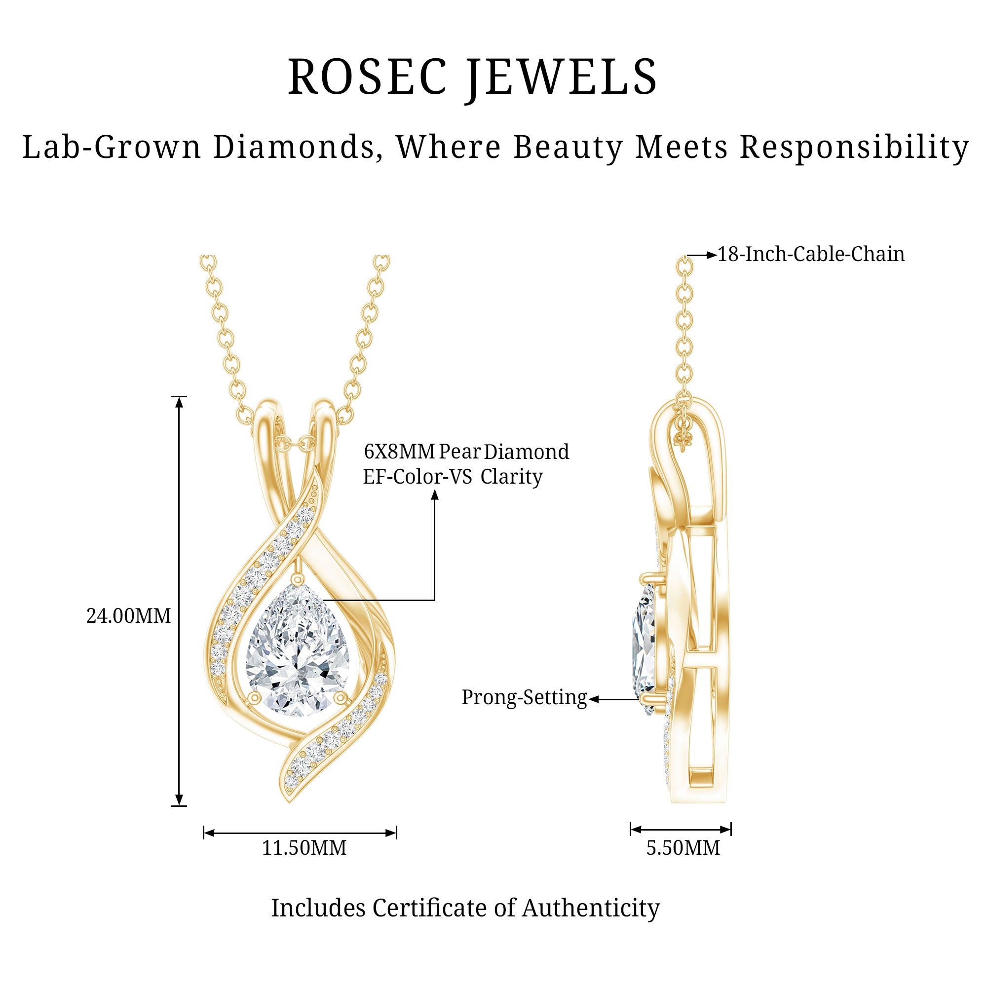 Lab Grown Diamond Teardrop Bridal Wedding Necklace Lab - ( EF-VS ) - Rosec Jewels