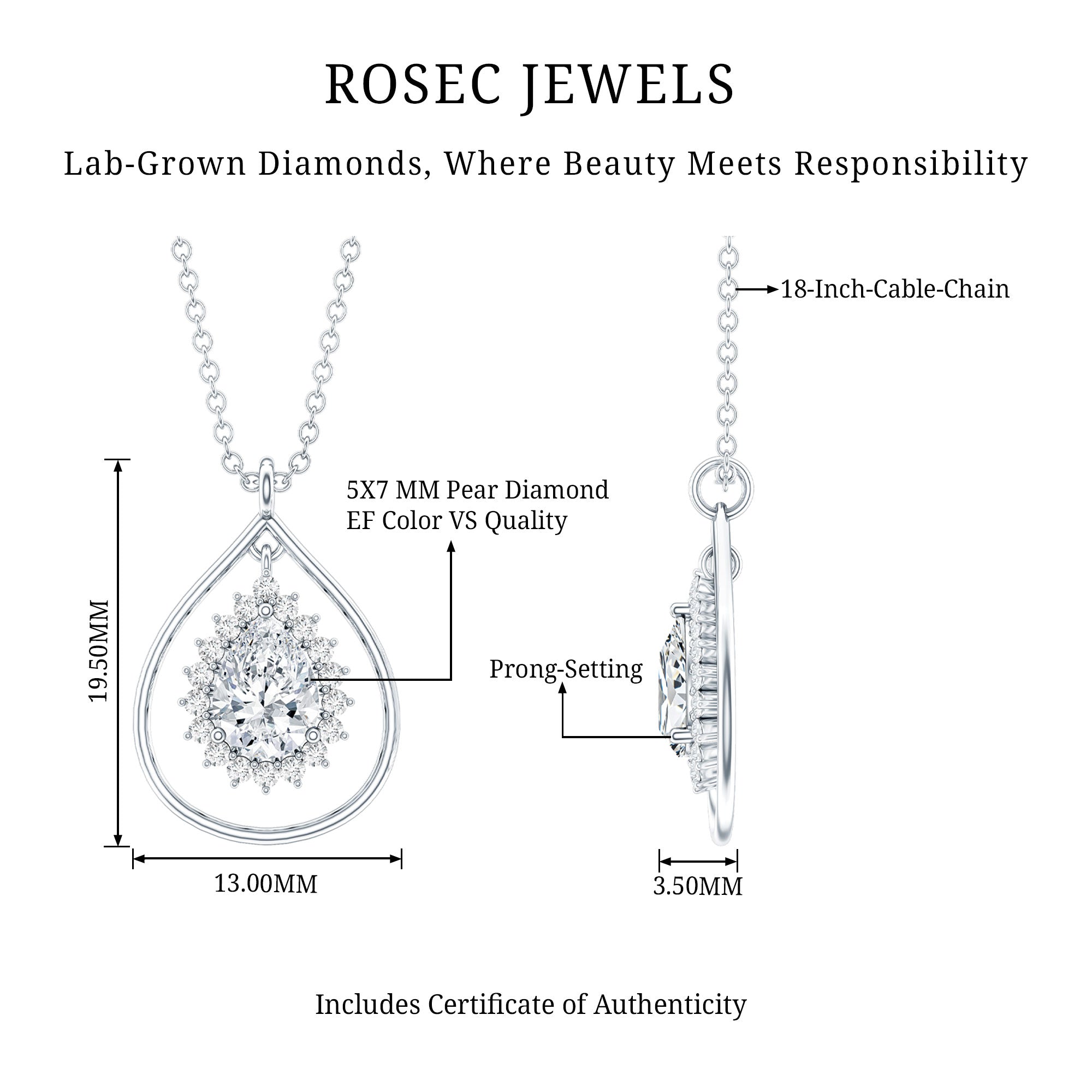Pear Shape Lab Grown Diamond Teardrop Pendant Necklace Lab - ( EF-VS ) - Rosec Jewels