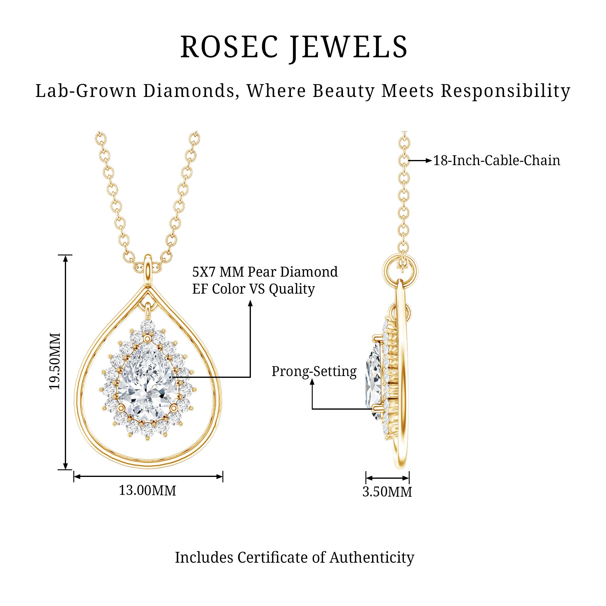 Pear Shape Lab Grown Diamond Teardrop Pendant Necklace Lab - ( EF-VS ) - Rosec Jewels