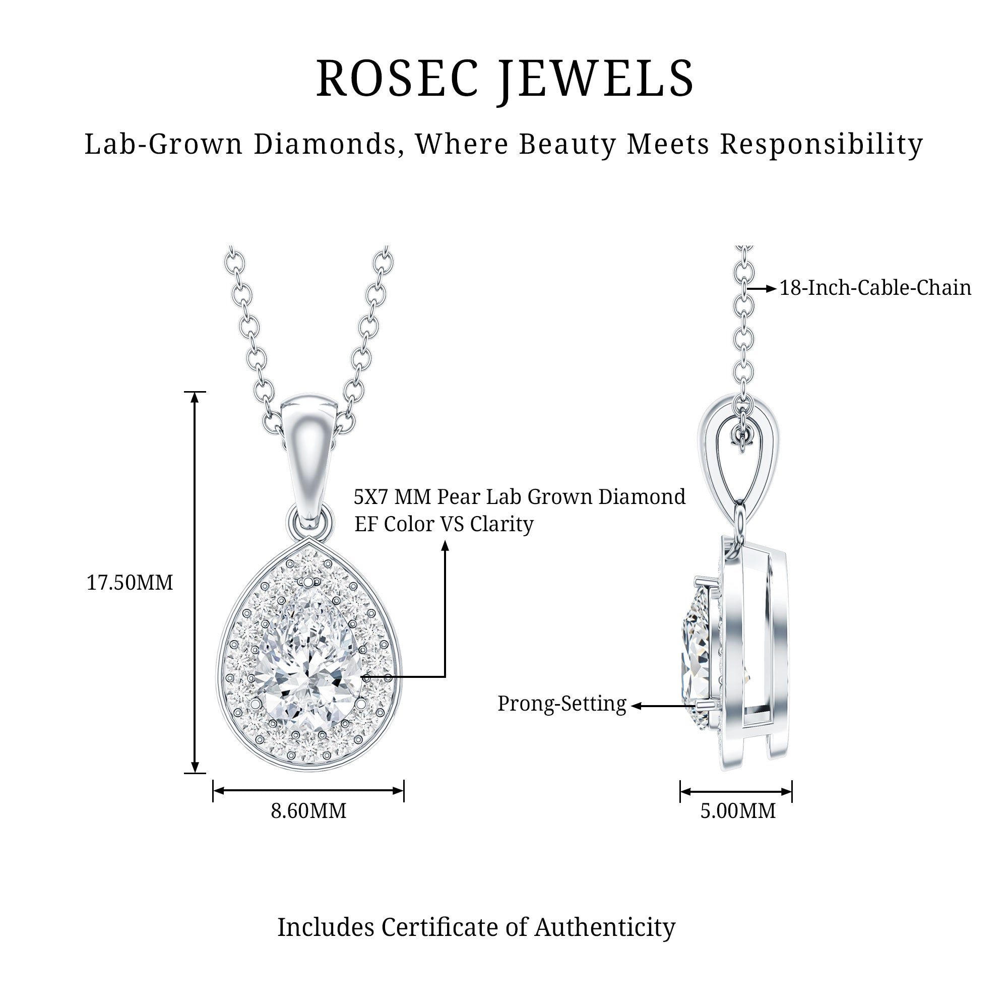 Minimal Lab Grown Diamond Teardrop Halo Pendant Lab - ( EF-VS ) - Rosec Jewels