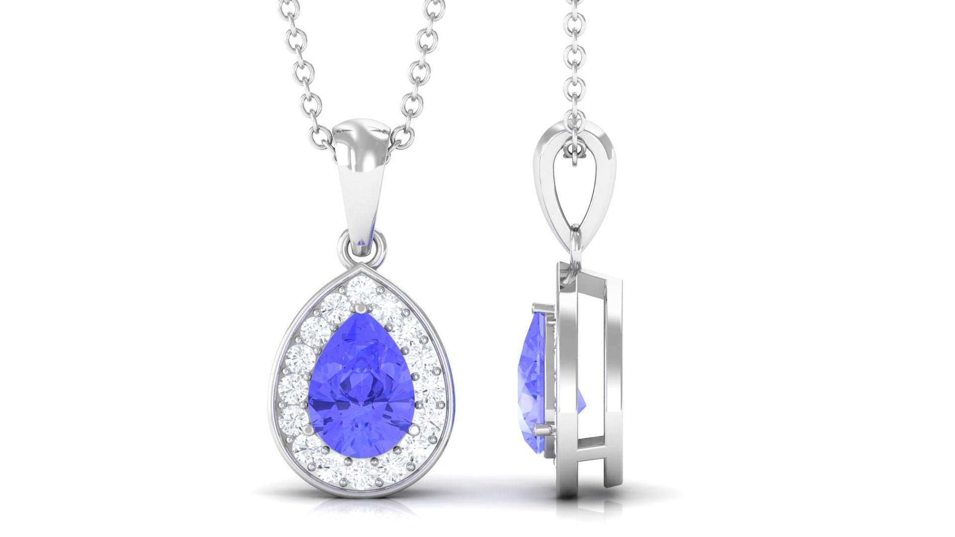 Tanzanite Teardrop Halo Pendant Necklace AAA - Rosec Jewels