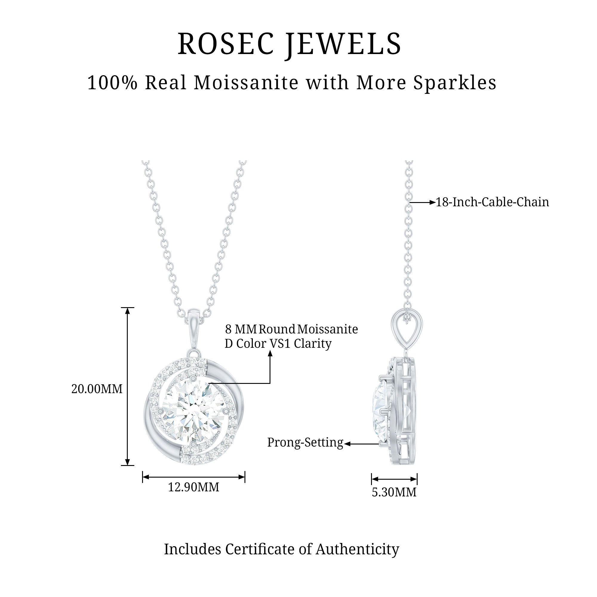 Certified 2 Ct Moissanite Swirl Necklace with Silver Chain D-VS1 92.5 Sterling Silver - Rosec Jewels