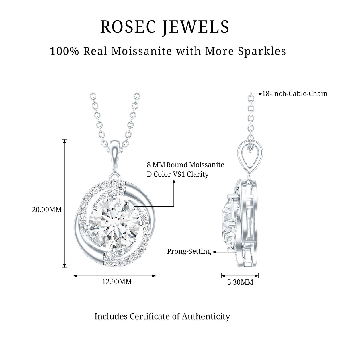 Certified 2 Ct Moissanite Swirl Necklace with Silver Chain D-VS1 92.5 Sterling Silver - Rosec Jewels